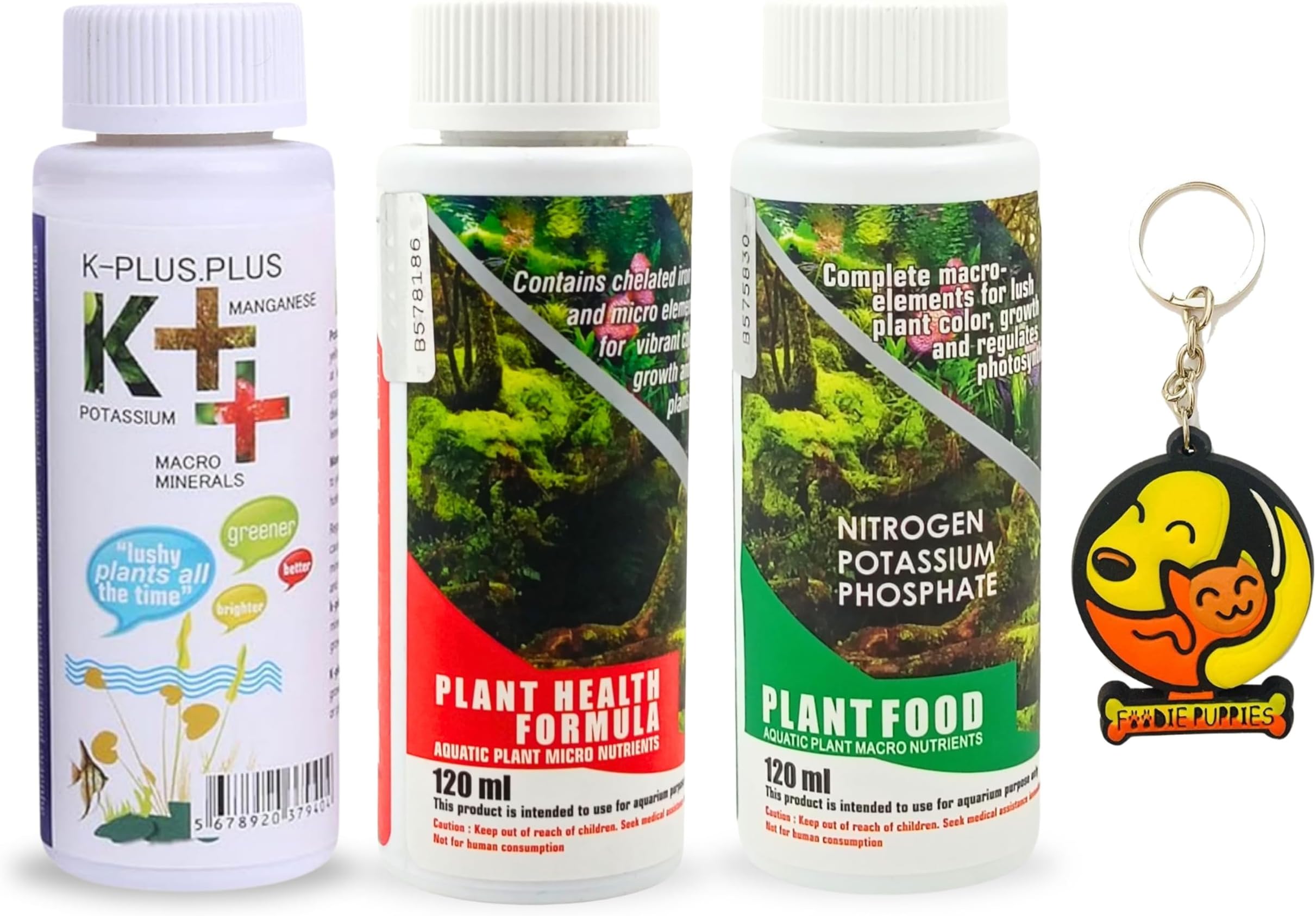 Foodie Puppies Aquatic Remedies Combo - (Plant Health Formula 120ml, Plant Food 120ml & K++ 100ml) Pack of 3 | Aquarium Plant Fertilizer for Planted Aquarium (340 ml) with Free Key Ring