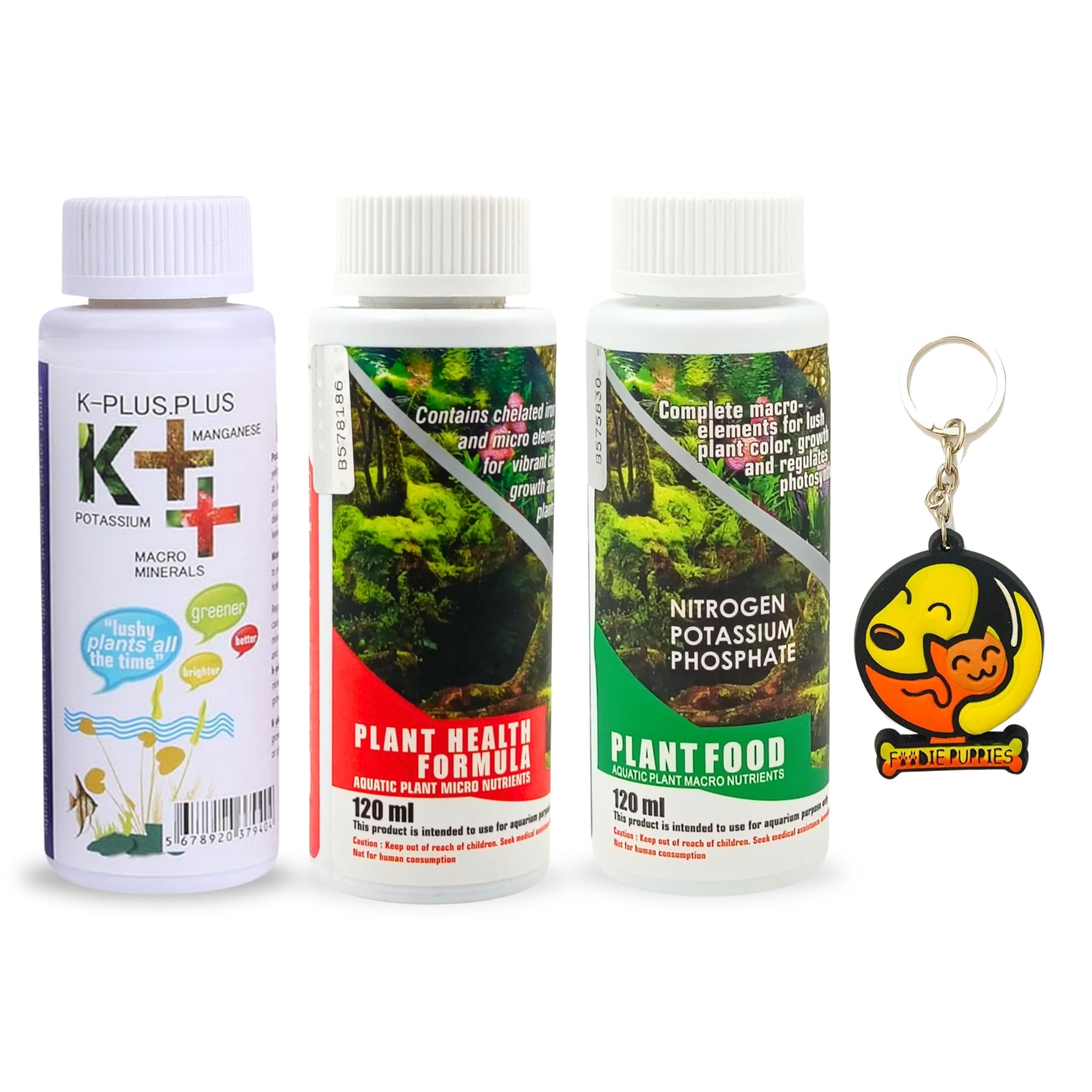 Foodie Puppies Aquatic Remedies Combo - (Plant Health Formula 120ml, Plant Food 120ml & K++ 100ml) Pack of 3 | Aquarium Plant Fertilizer for Planted Aquarium (340 ml) with Free Key Ring
