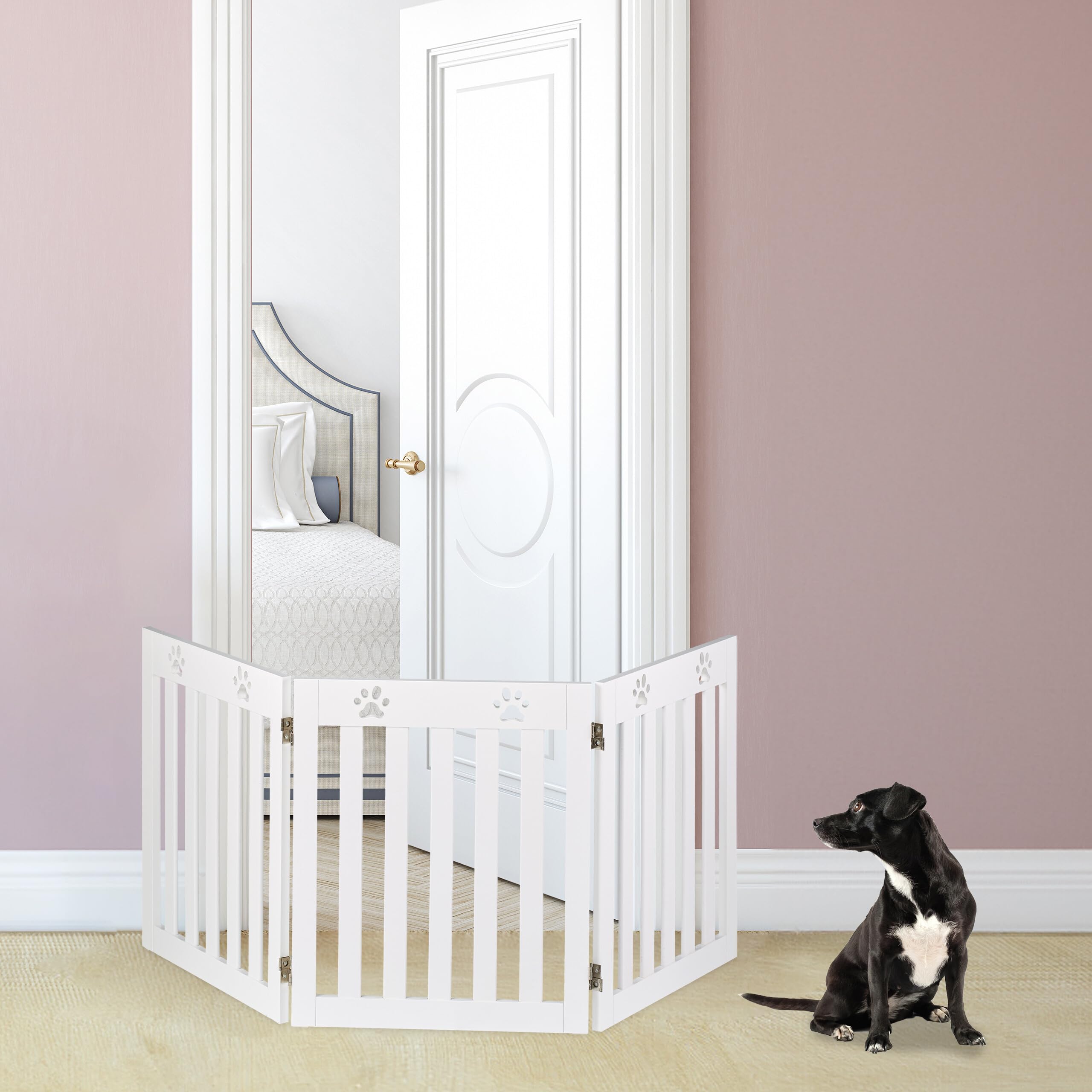 Relaxdays Valla Seguridad para Perros, Barrera de Escalera, Reja Protectora Autónoma, 60 x 153 cm, MDF, Plegable, Blanco, Tablero de Fibras