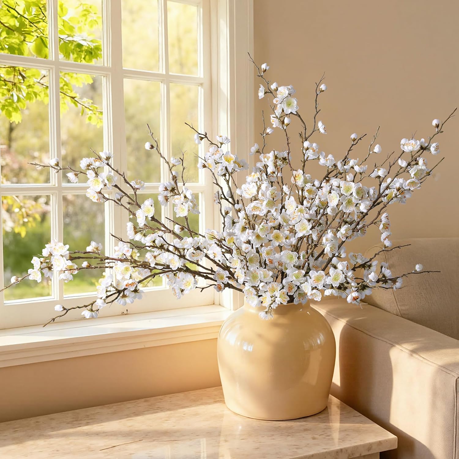 6 PCS Artificial Cherry Blossom Branches Spring Indoor Decoration, Faux Flowers 34.45" Long Stems Plum Fake Peach Plants Real Touch Silk for Wedding Home Bedroom Party Table Office, White - Image 7