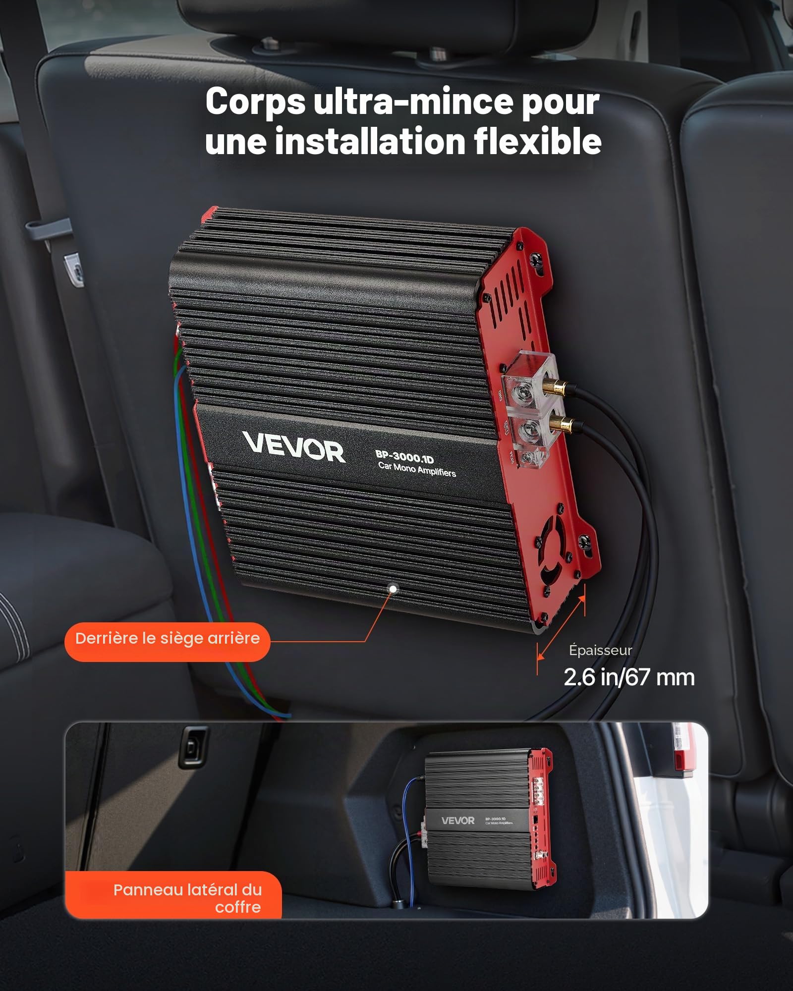 VEVOR Ampli Voiture Monobloc, Amplificateur Audio Auto 1 Canal, Classe D, 3000 W RMS Max, Stable sous 1/2/4 ohms, avec Télécommande pour Niveau du Subwoofer, Filtre Passe-bas, Amplification des Basses