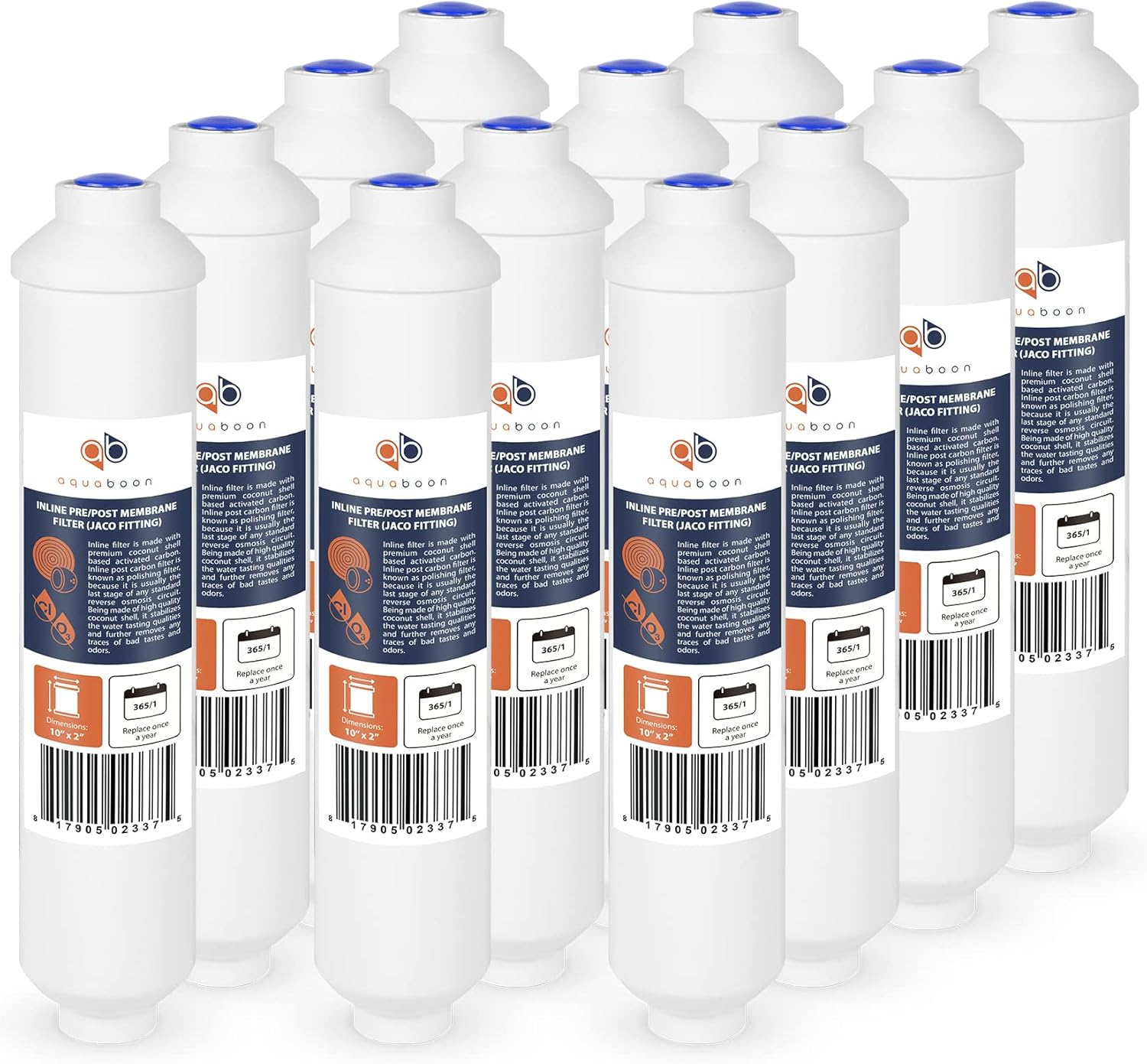 Aquaboon Inline Water Filter for Refrigerator 12-Pack of Inline Post/Carbon Polishing Water Filter Catridge for Reverse Osmosis System Standard Size (Jaco fitting)