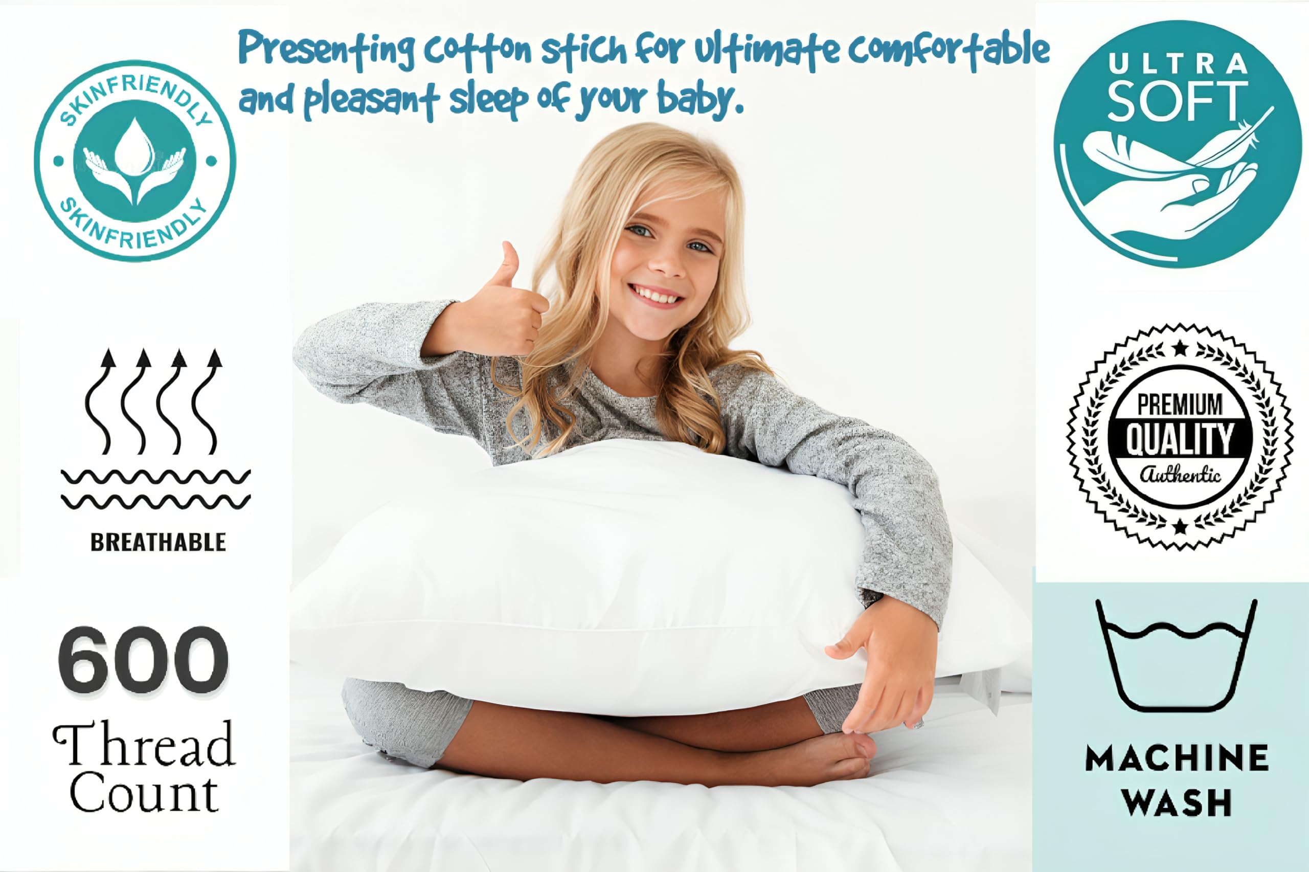 COTTON STICH Toddler 16x20 Zipper Pillowcase Set, White Stripped, Egyptian Cotton, Machine Washable