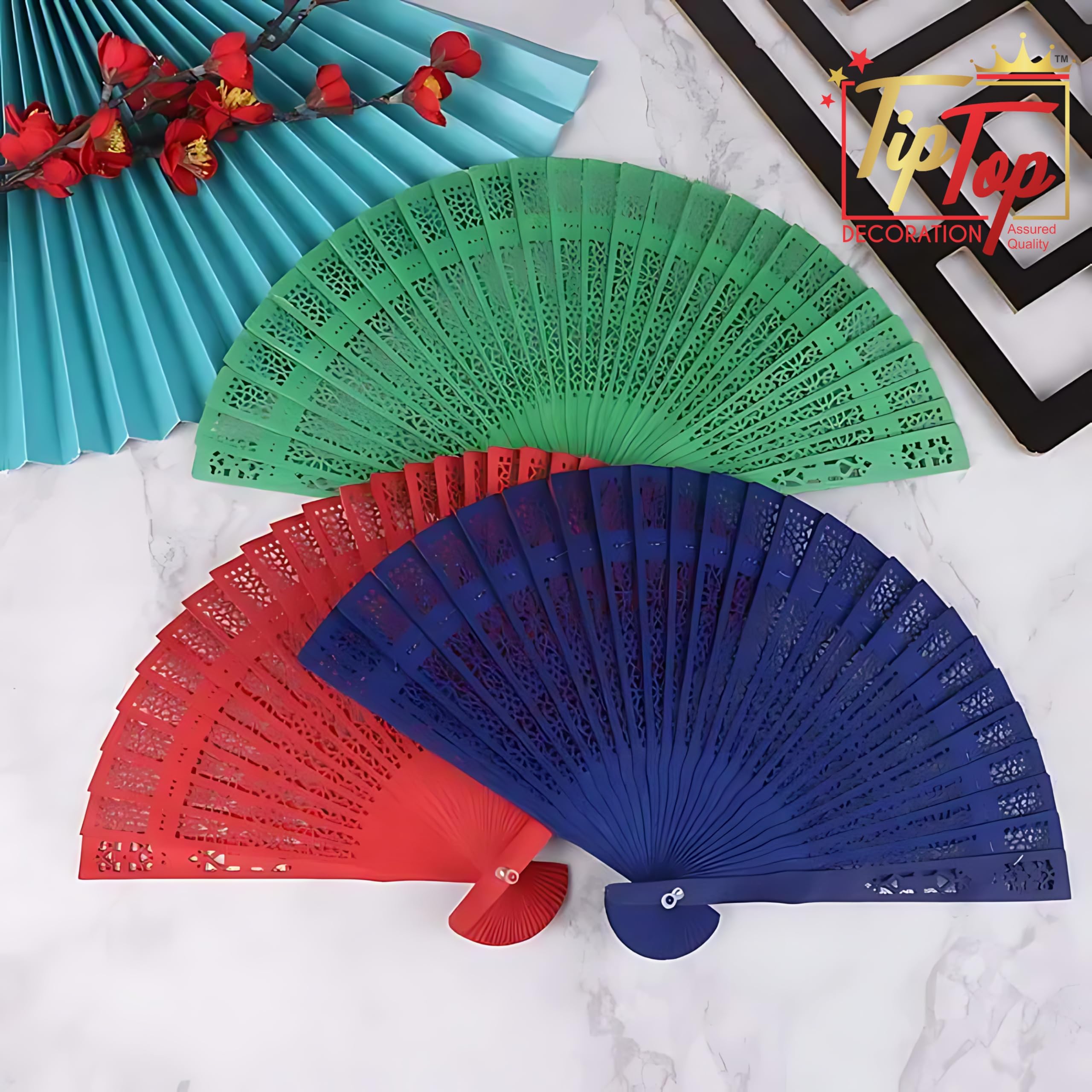 TIPTOP DECORATION Premium Traditional Dyed Folding Wooden Hand Held Fan (Coal Black, Pack Of 1) 1