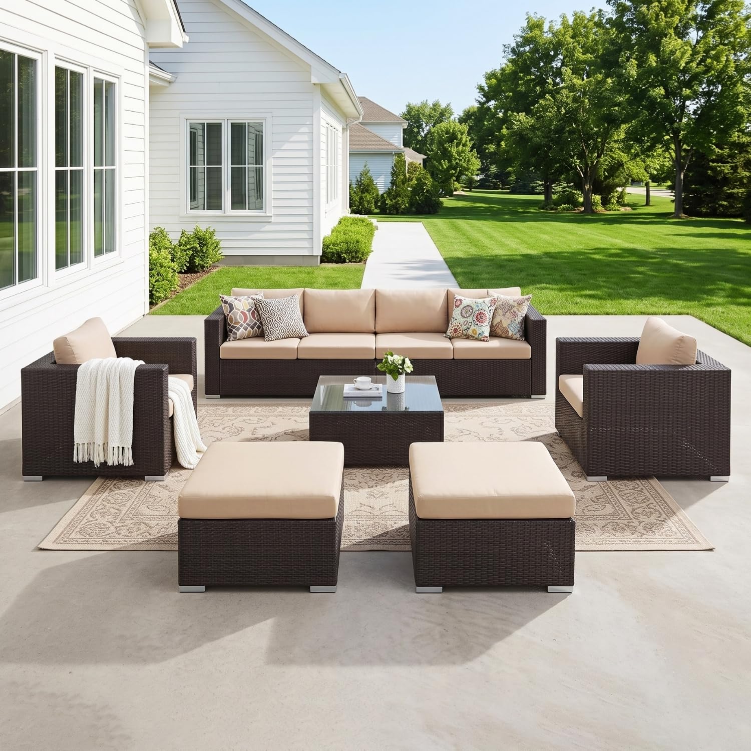 DEVOKO Outdoor Wicker 8-Seater Sectional Conversation Furniture with Glass Top Table Water-Resistant Cushions & Sturdy Metal Frame for Garden, Lawn (Dark Brown & Cream)