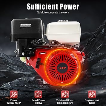 Gas Engine, Go Kart Diesel Engine Motor, 4 Stroke 420CC 15 HP Air Cooled for OHV Horizontal Pull Start Garden Tool Gas Motor, Go Kart Motor Recoil, Scarifier, Lawnmower, Pump, 9.7kW, RED