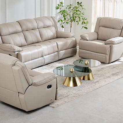 Home Centre Torino Half Leather 3+1+1 Seater Recliner Set - Beige