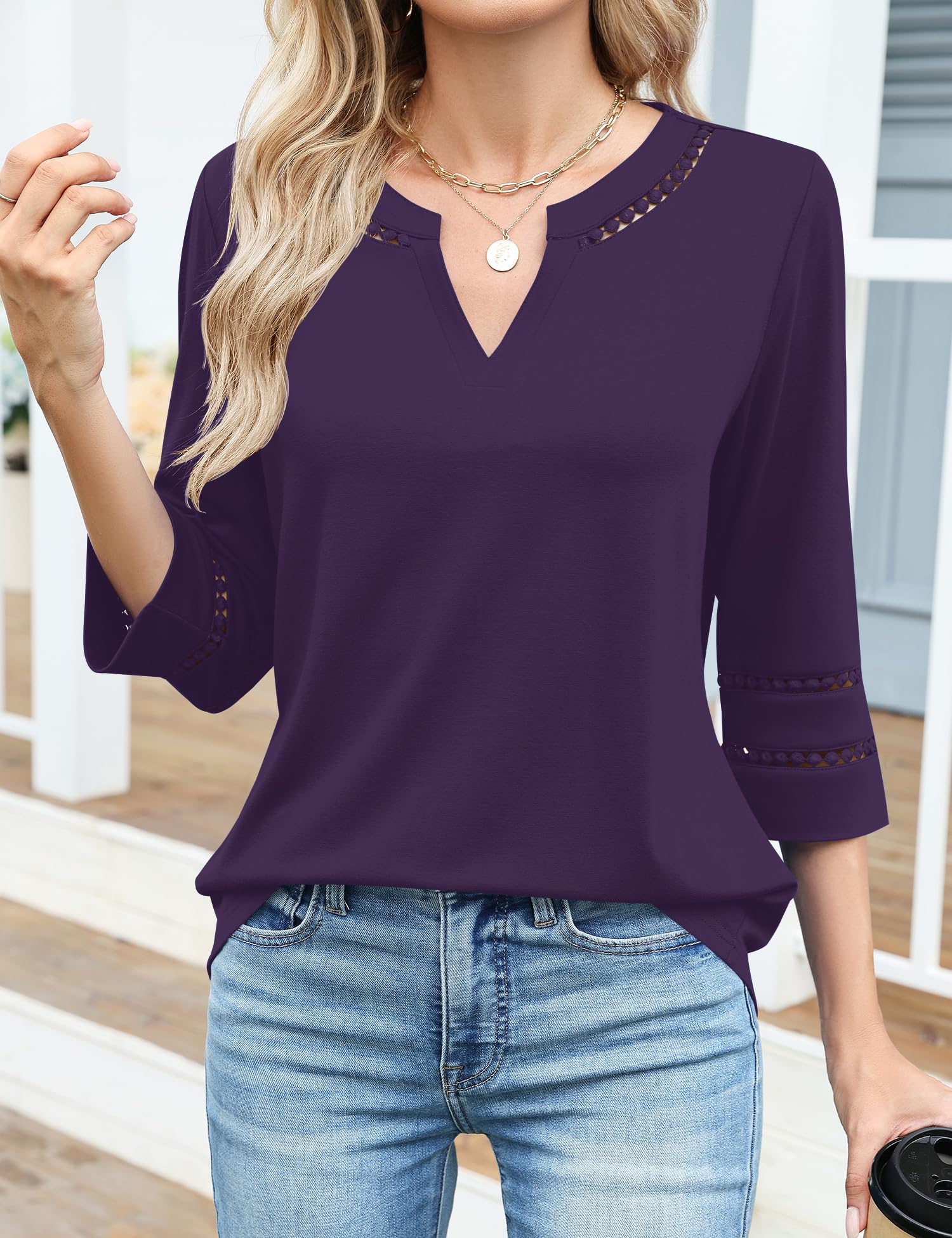 Rapbin Top da donna con maniche a 3/4, scollo a V, in pizzo, ricamato, per primavera ed estate, stile casual
