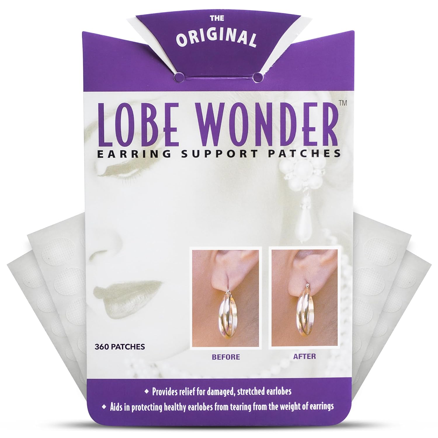 Lobe Wonder - The ORIGINAL Ear Lobe Support Patch for Pierced Ears - Eliminates the Look of Torn or Stretched Piercings - Protects Healthy Ear Lobes from Tearing - 360 Patches - Clear & Latex-Free