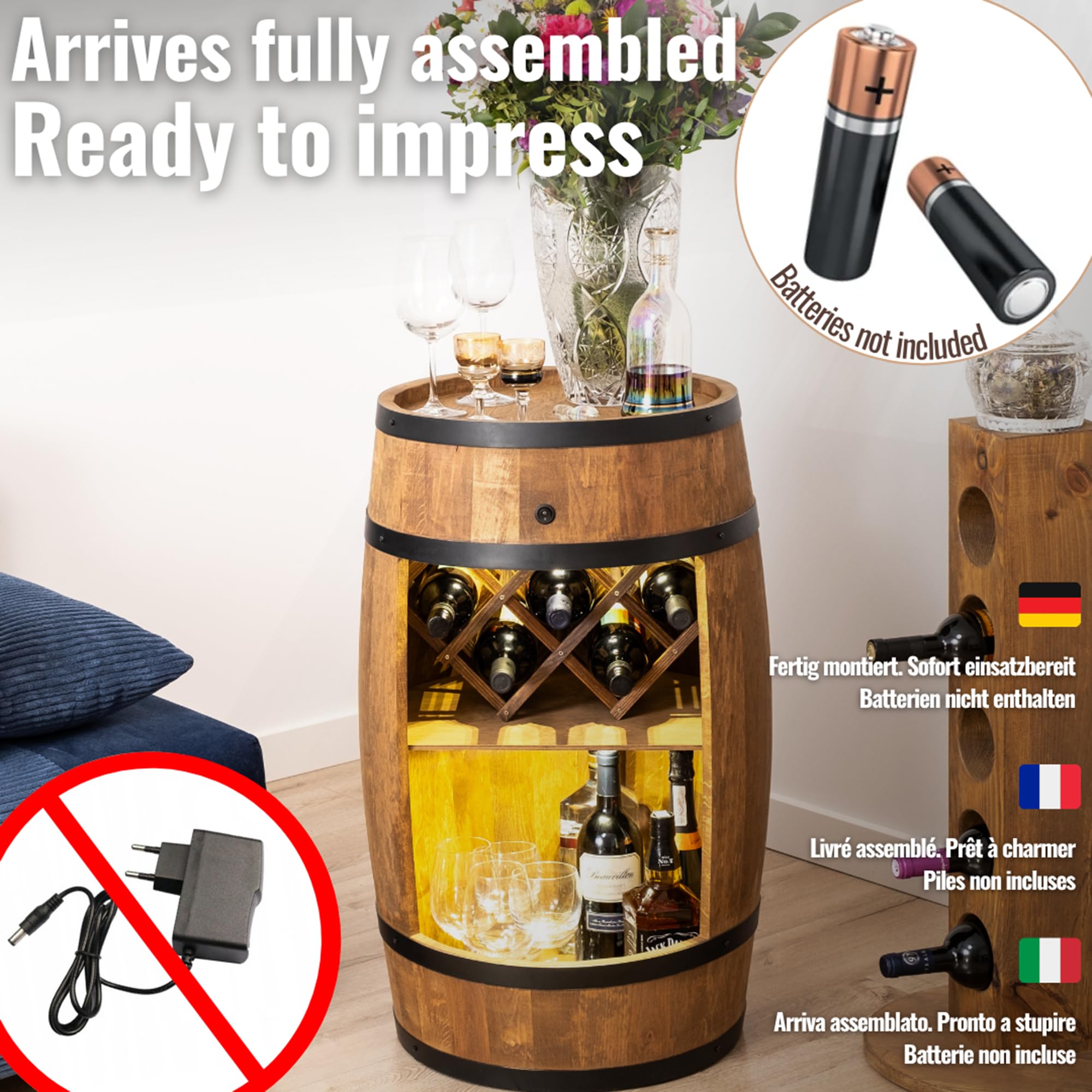 CREATIVE COOPER Baril avec Support à Vin - Casier LED - Tonneau en Bois - Bar de Maison - 80 x 50 cm - Décoration Rustique - Armoire (Marron Foncé)