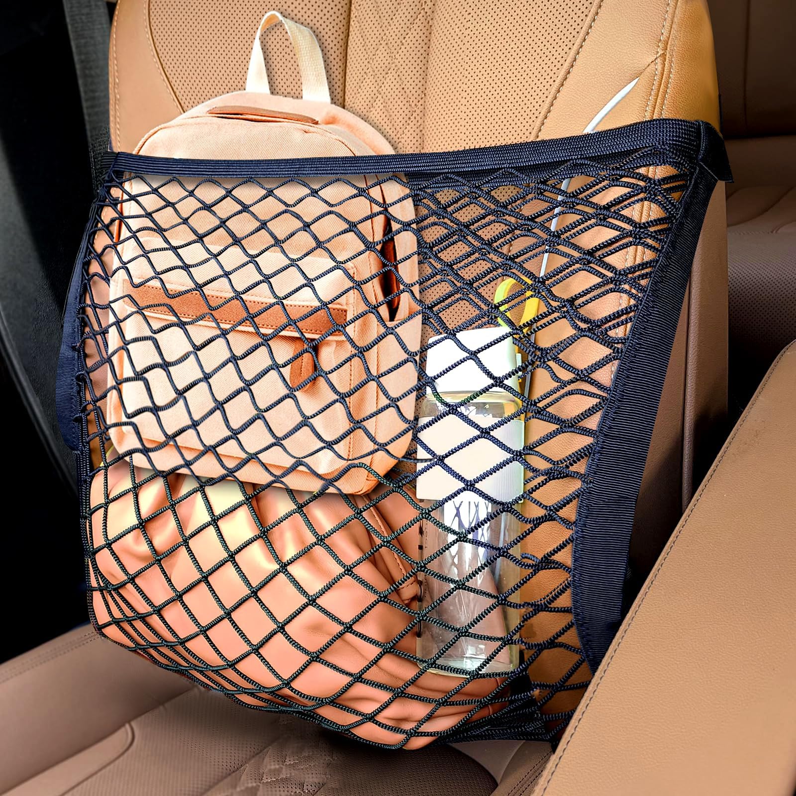 Car Front Seat Organizer,Double Layer Expandable Car Seat Net,Fully Collapsible and Suitable for The Vast Majority of Vehicles,Car Storage Organizer for Backpacks, Handbags,and Other Items