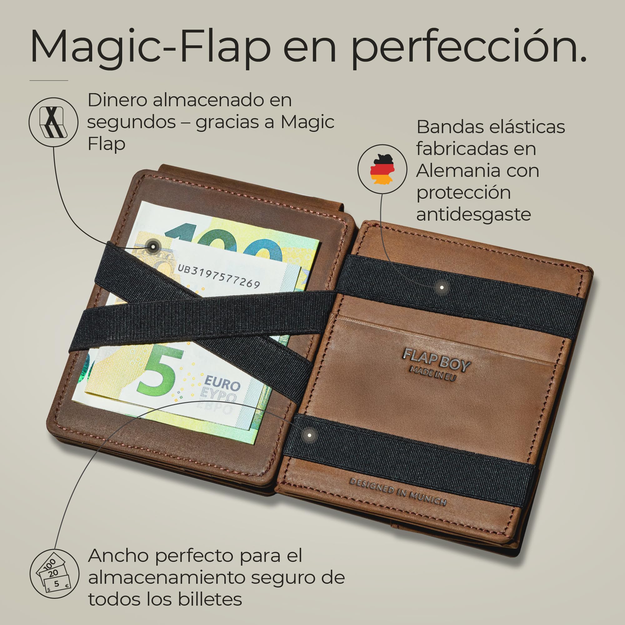Jaimie Jacobs Flap Boy XL Magic Wallet con Bolsillo Monedero Cartera con protección RFID y Espacio para 13 Tarjetas (Cuero de búfalo marrón Oscuro)