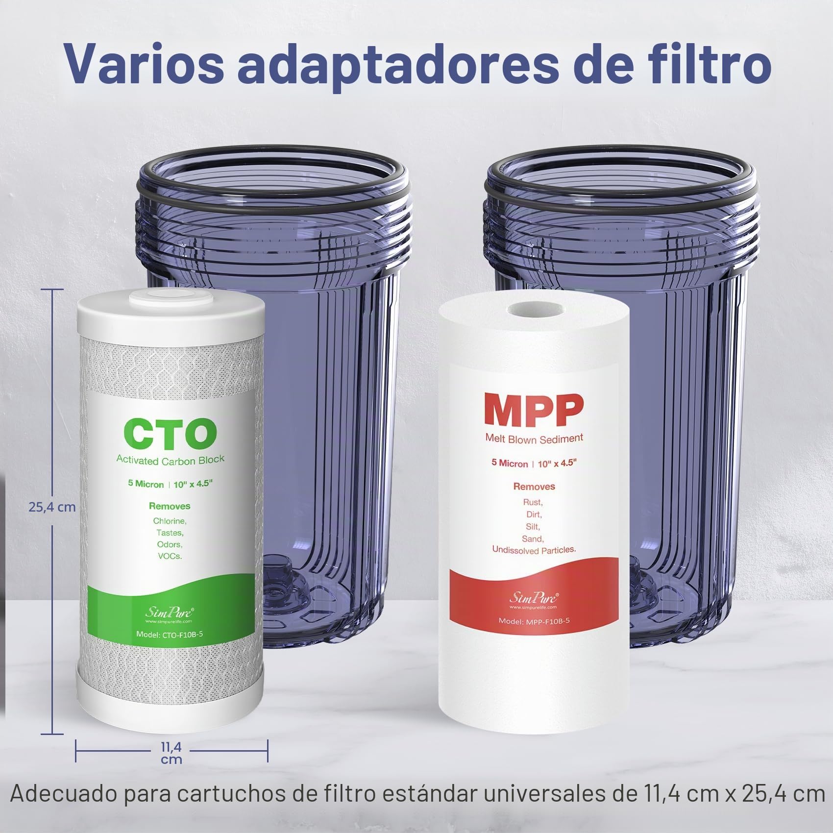SimPure DB10C-2 Filtro de Agua Doble de 10"x4,5", con Cartuchos Filtros de Sedimentos & Carbón Activado, con Soporte de Porta & Llave, Reduce Olores, Cloro y Sabor, Entrada/salida de 1“