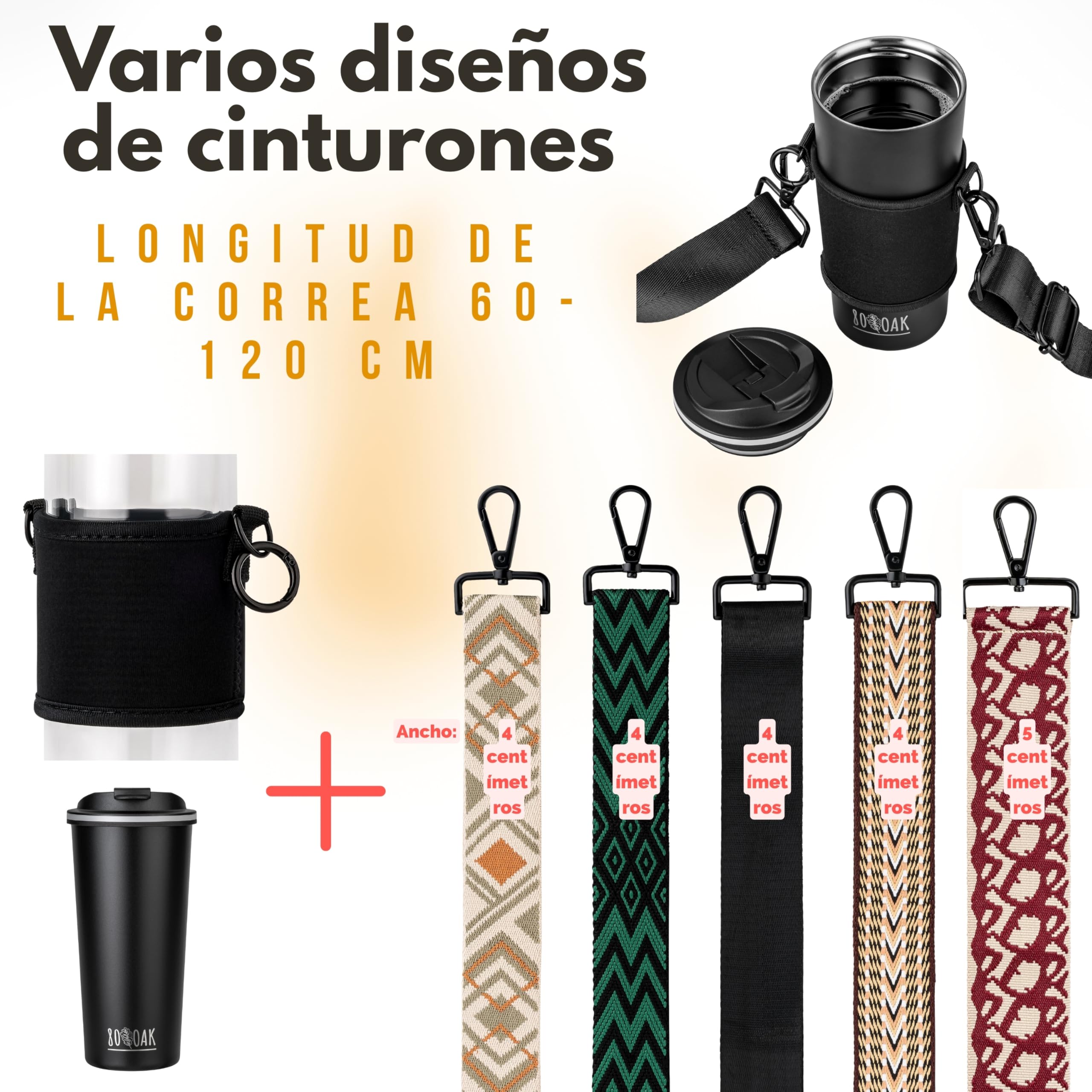 Juego de tazas de café y portavasos, soporte para vasos y taza térmica para colgar, soporte para bebidas de neopreno con correa ajustable para el hombro (negro, negro)