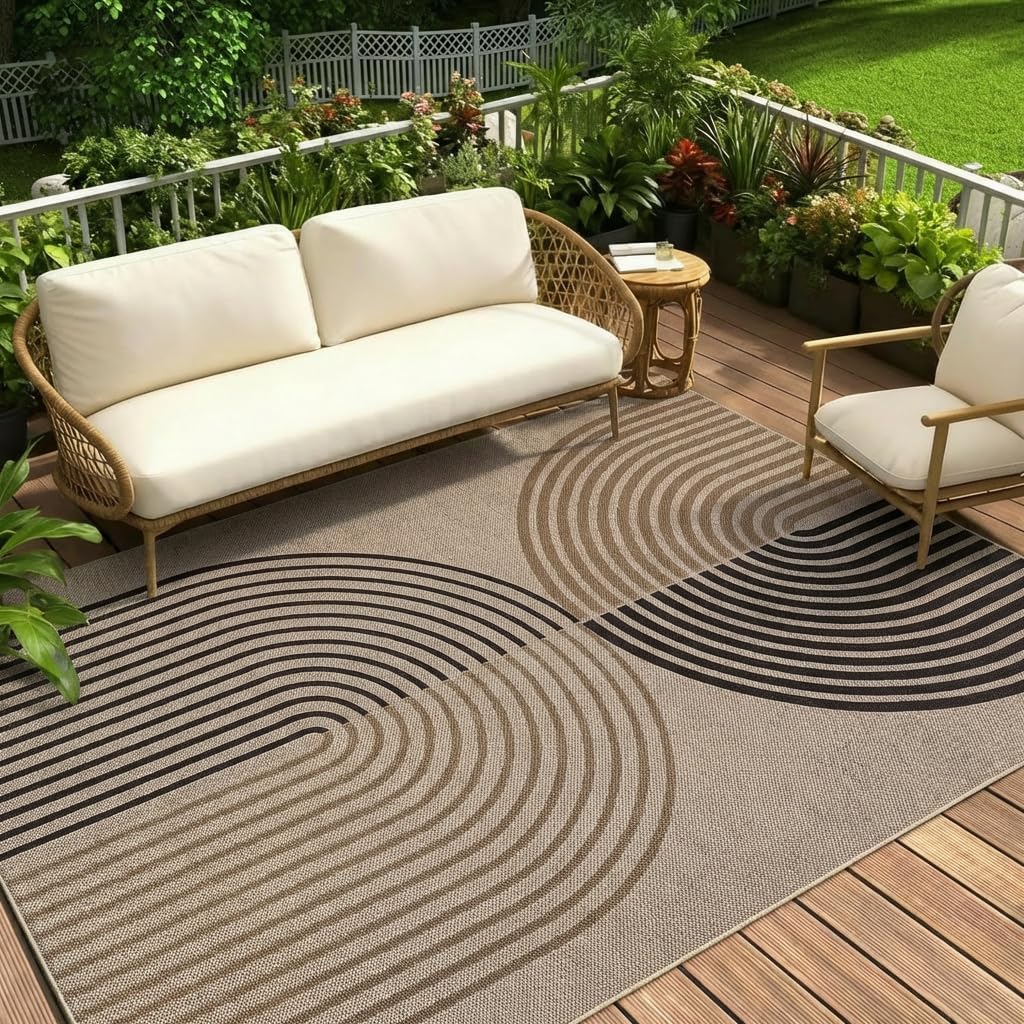 Garvee Outdoor Patio Rug 8x10 Rainbow Easy Jute Rugs Washable, Non Slip Non Shedding Modern Striped Rug, Stain Resistant Foldable Farmhouse Mats for Bedroom, Dining Room, Office, Porch, Nature/Tan