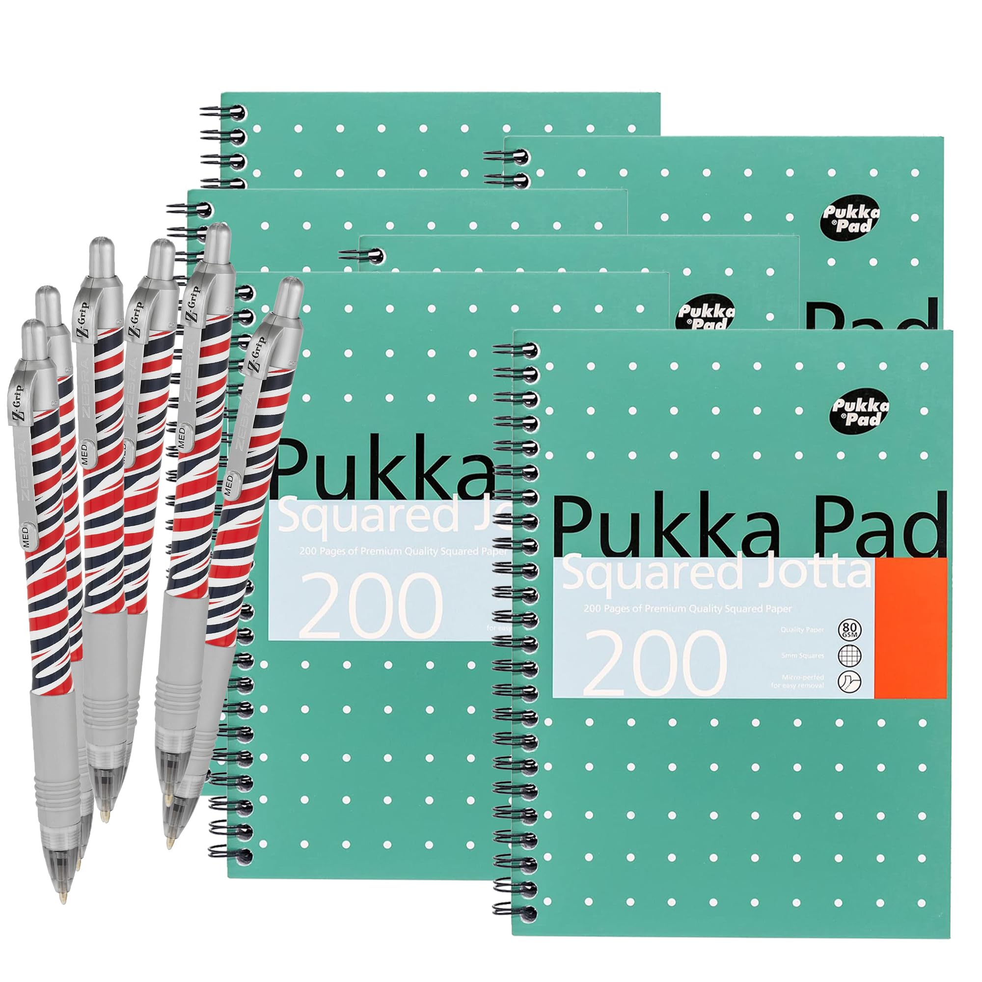 Pukka Pad A5 Squared Jotta Book - 200 Pages Wirebound Notebook, Squares Grid 80GSM Paper & Perforated Edges for School, Office & Journaling, Variations Available with Free Zebra Ballpoint (Pack of 6)