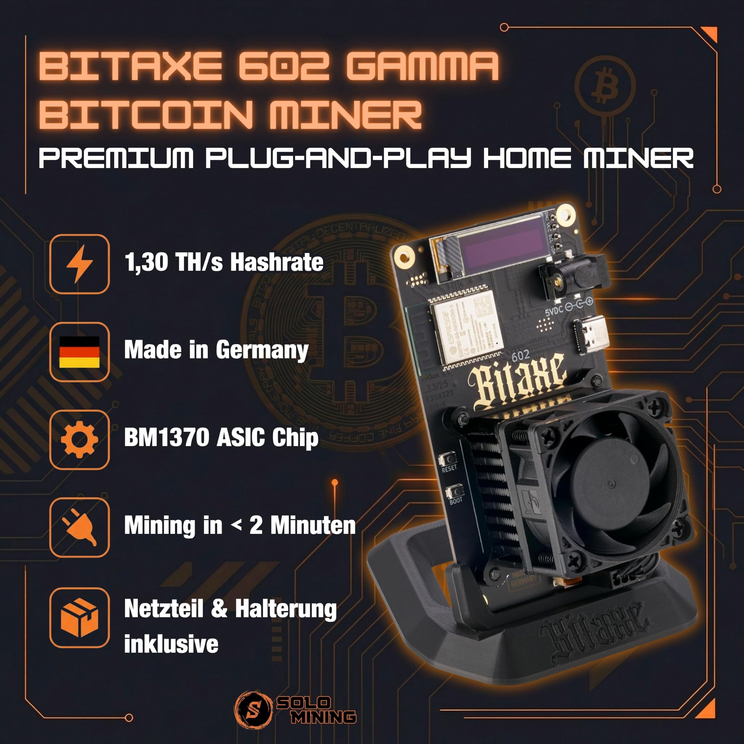 Bitaxe 602 Gamma Bitcoin Miner – Premium Plug-and-Play Home Miner | Made in Germany | 1,3 TH/s | inkl. Netzteil & Halterung (Performance Lüfter (Noctua))