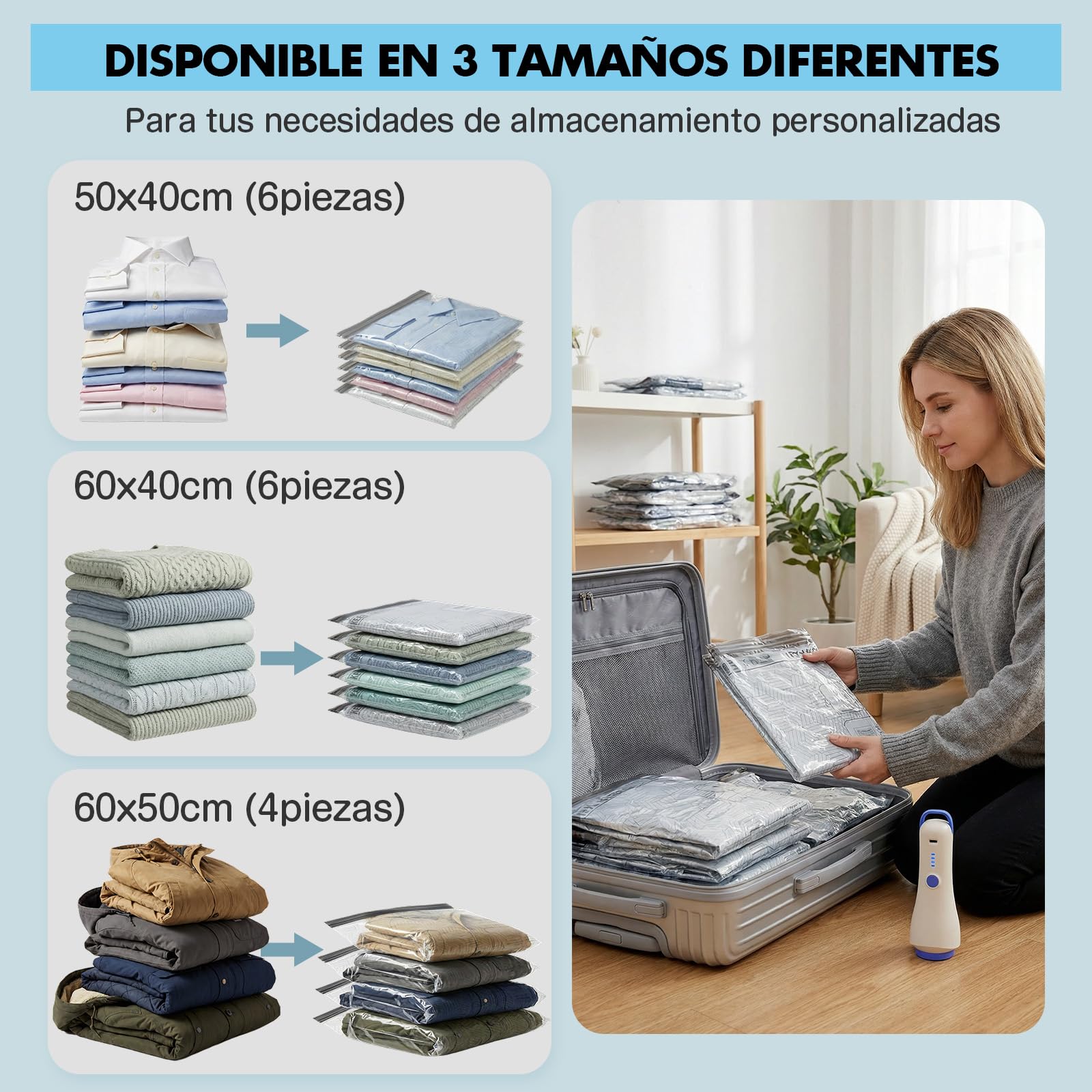 Bolsas Vacío Ropa con Bomba de Vacío Inalámbrica, Set 16 | 3 tamaños: 50 × 40, 60 × 40 y 60 × 50 cm, hasta un 80 % de ahorro de espacio para viajes, maletas, armarios y ropa de cama
