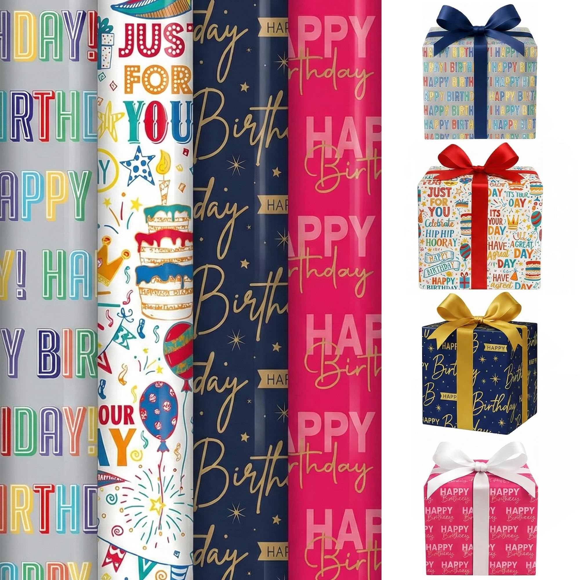 Pack of 4 x 3M Happy Birthday Wrapping Paper Roll - Multipack Premium Gift Wrap Wrapping Paper Perfect for Birthday, Party & Festive Decoration Sold By ANGIX