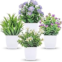 DerRose 4 Pack Small Artificial Fake Plants with Flowers - Mini Faux Greenery for Indoor Outdoor Home Office Bathroom Desk Spring Decor