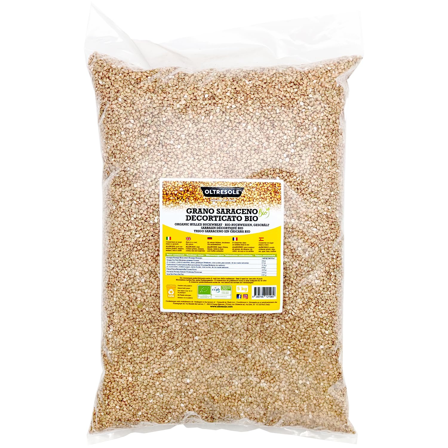 Oltresole, Sarrasin Décortique Biologique 5 Kg, Grain Brut Non Traité Thermiquement, provenant de l'Agriculture Biologique, Convenience Size