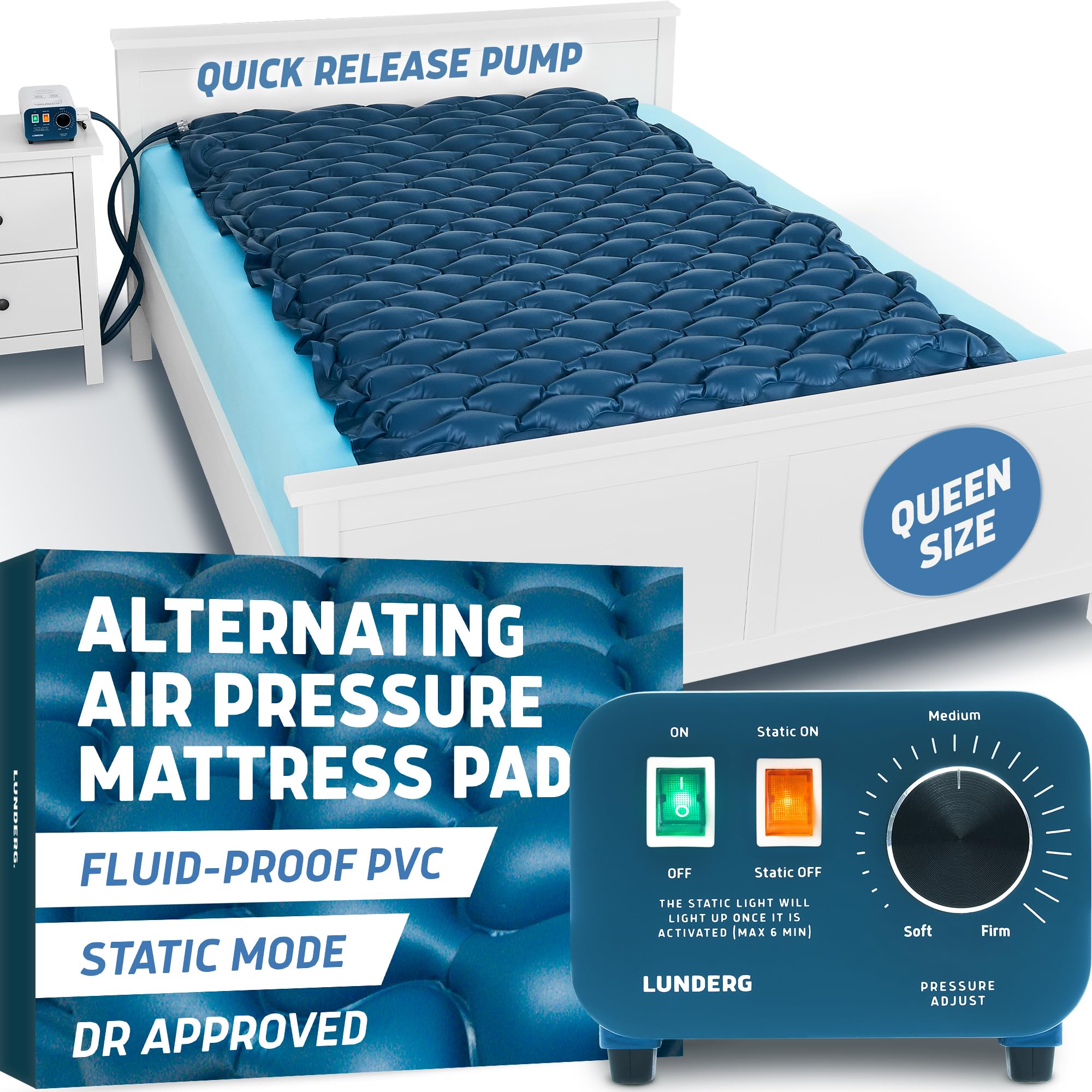 Lunderg Queen Size Alternating Air Pressure Mattress Pad with Static Mode - Comfortable Bed Sore Prevention - Includes Waterproof Mattress Topper 53" x 77" & Quiet Pump - Recommended by Doctors