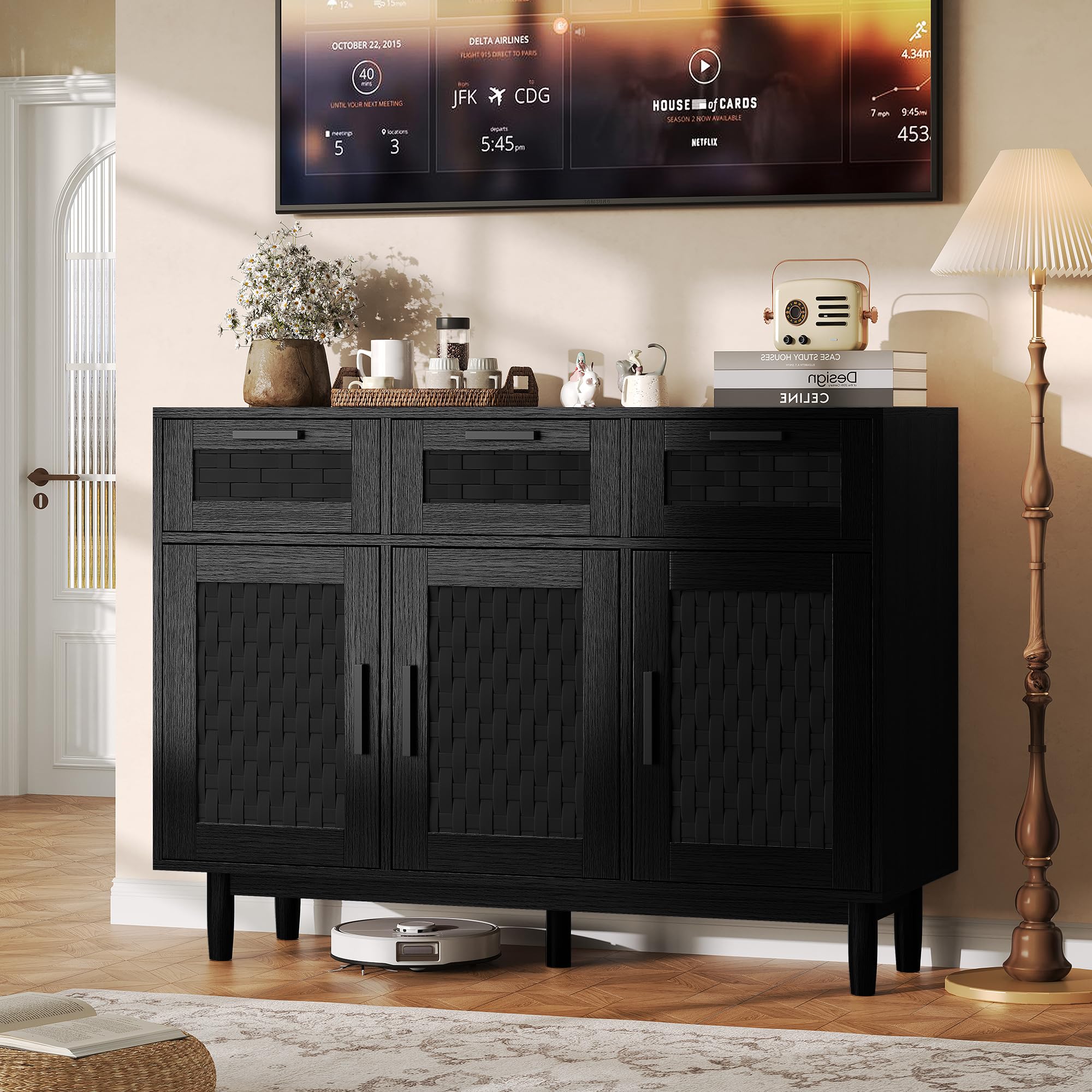 Aparador de comedor de madera, armario de cocina con 3 puertas, aparador de almacenamiento de cocina, aparador de ratán para cocina, comedor, salón (Negro-D, 107,9 x 40 x 80)