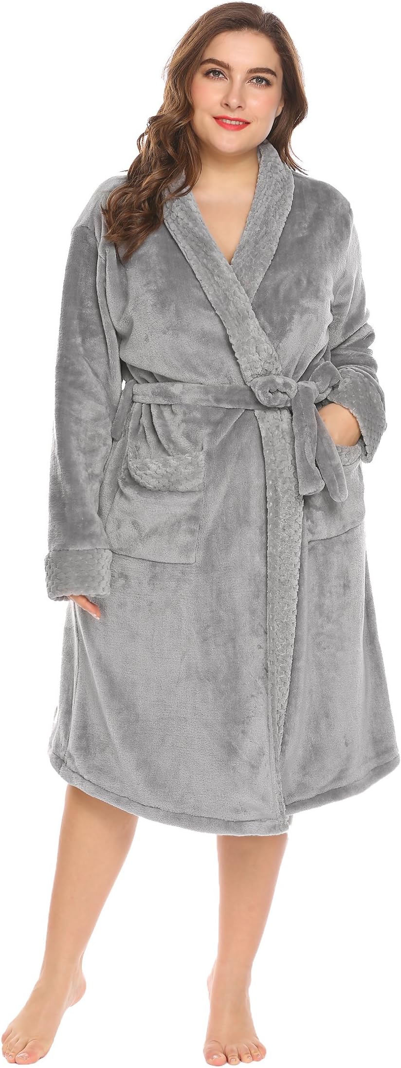 Womens Plus Size Plush Soft and Warm Fleece Bath Robe, Grey, 22 Plus