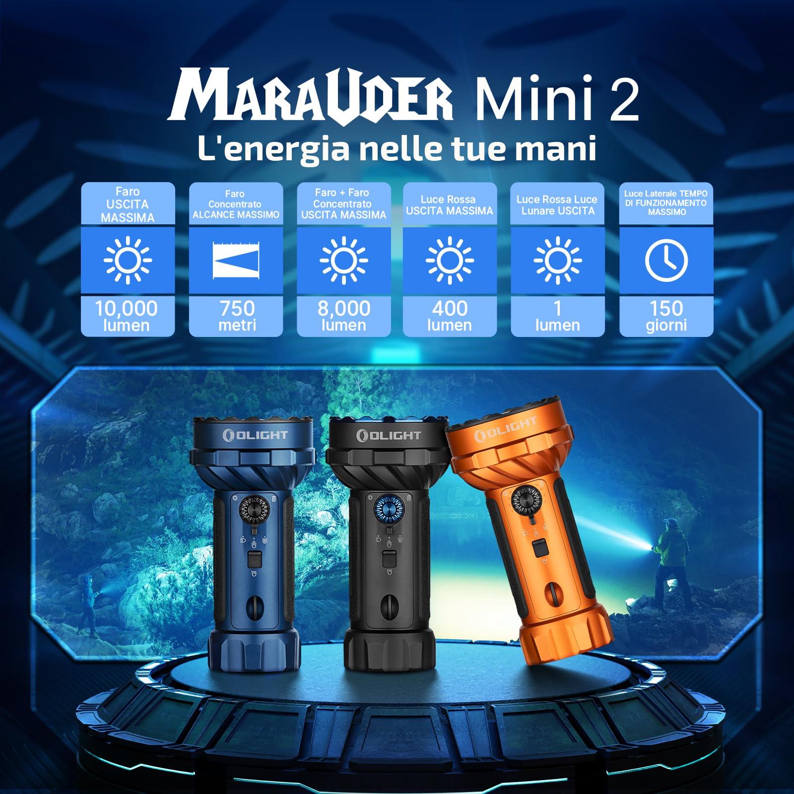 OLIGHT Marauder Mini 2 Torcia LED Potente Professionale 10000 Lumen 750 m | Torcia LED Ricaricabile MCC & USB-C, 5 Modalità, Flashlight IPX8 Impermeabile per Camping Outdoor Caccia Emergenze Lavoro