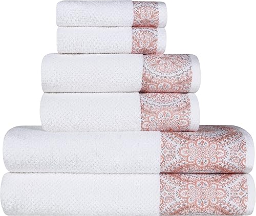 Superior Medallion - Juego de 6 toallas de algodón, absorbentes, texturizadas, de secado rápido, para ducha, básicos de spa, color blanco liso,