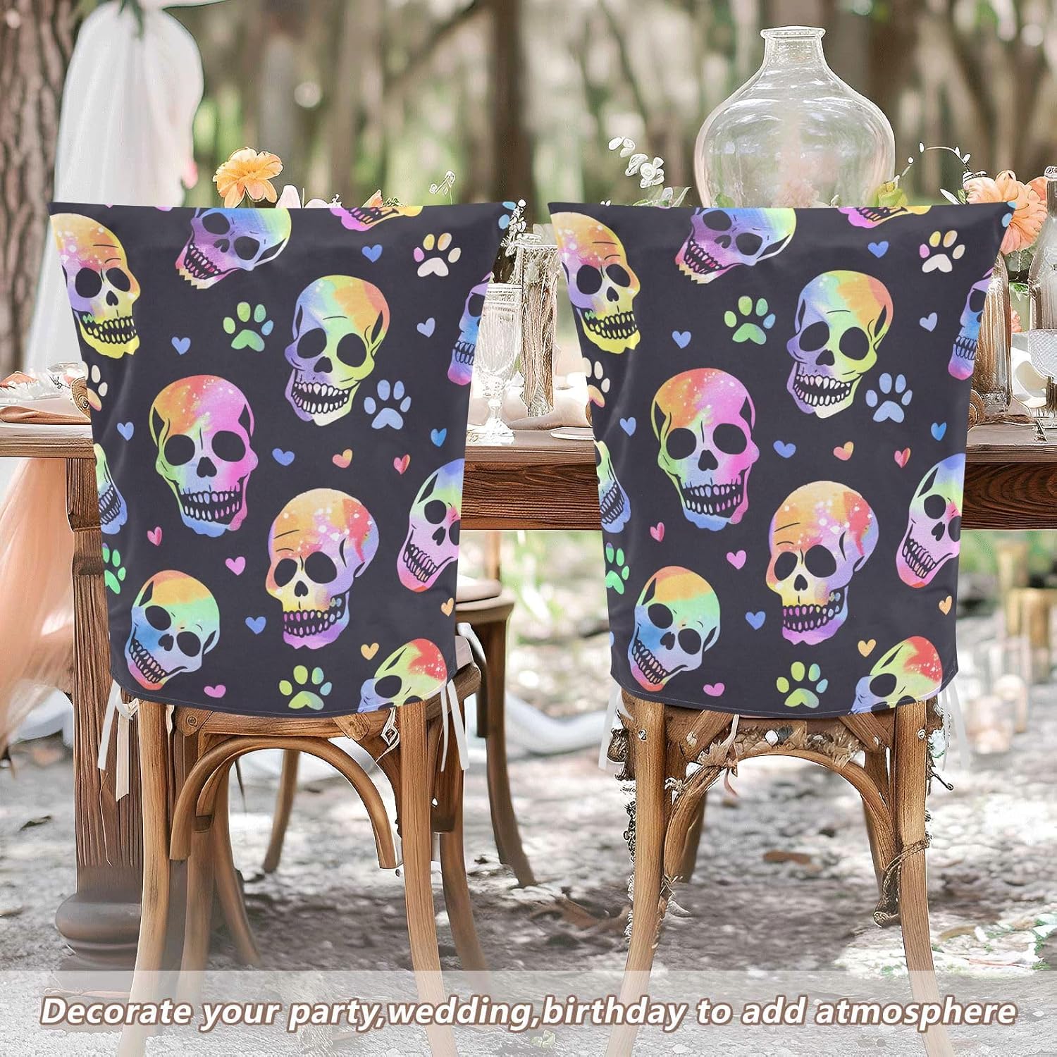 ALAZA Rainbow Skulls Paw Hearts Chair Back Cover Set of 6, Washable Reusable Removable Chair Slipcovers Decorative Chair Cover for Home Kitchen Wedding Party