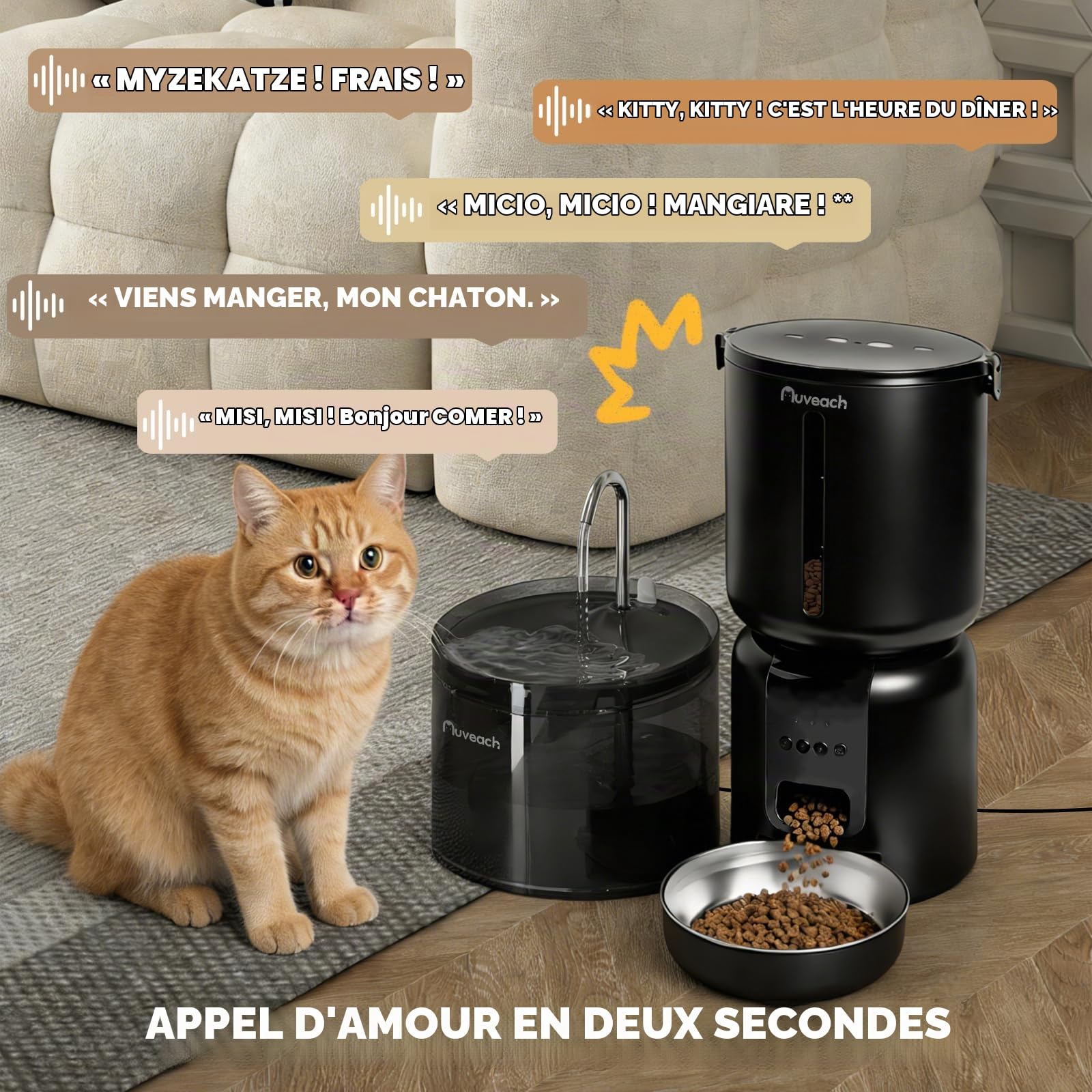 Distributeur Croquettes Chat Automatique et Fontaine Set - 4L WiFi 2,4G Gamelle Automatique Programmable 1-10 Repas/Jour, Enregistrement Vocal 10S, 2.2L Fontaine à Eau pour Chats (Noir)