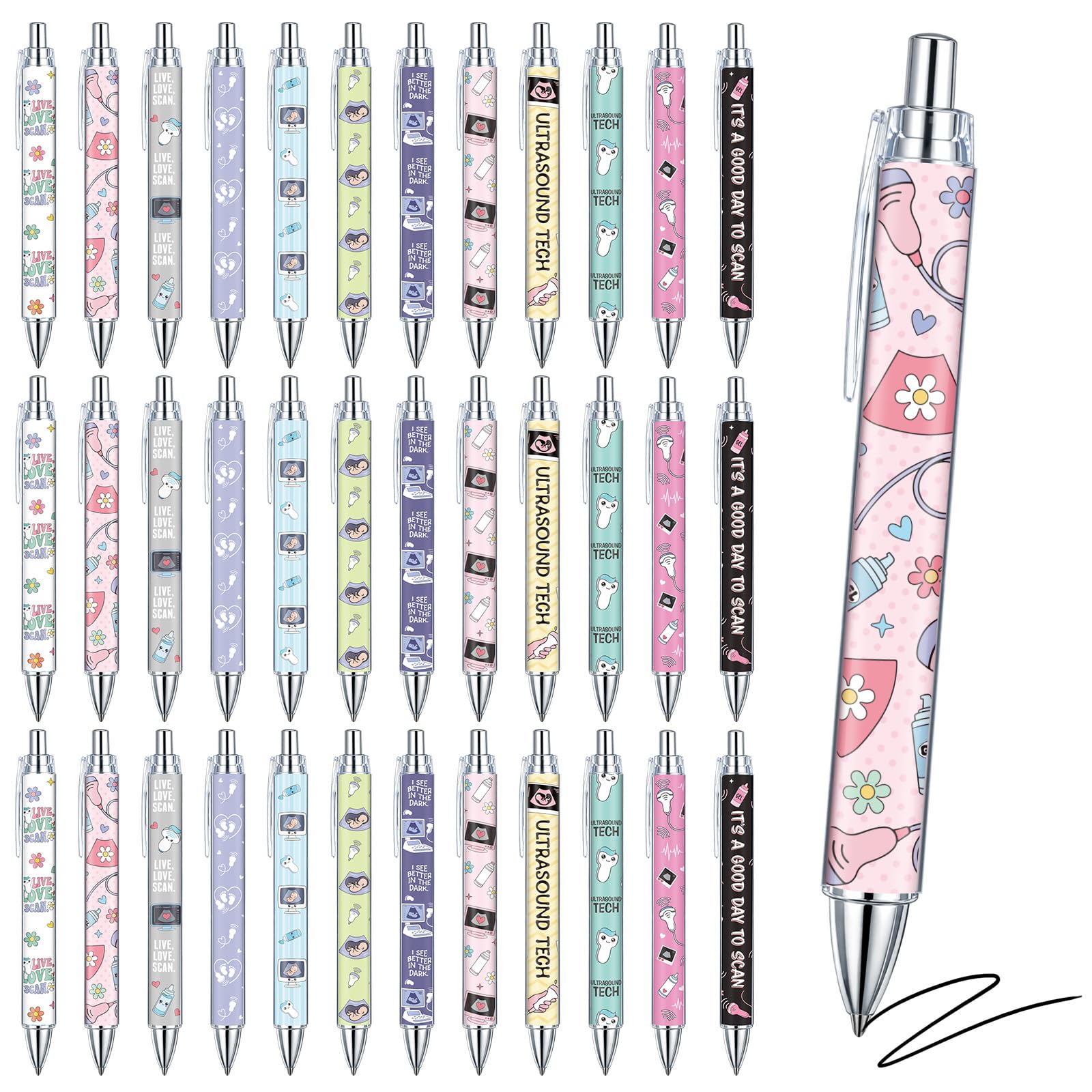 Gueevin 36 Pcs Ultrasound Tech Ballpoint Pens, Sonographer Appreciation Gifts, 1.0mm Black Ink Pens with Ultrasound Graphics, Graduation Staff Week Holiday Gifts for Sonographers