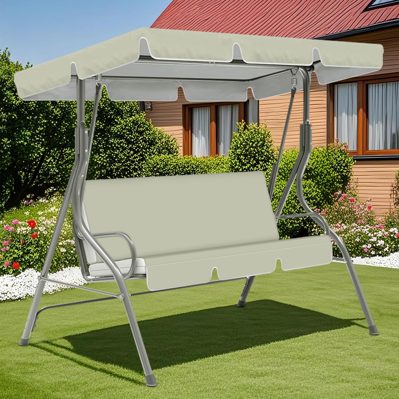 ZYBSLCSY Swing Chair Canopy Replacement and Garden Swing Seat Cover Fit for 2 3 Seater, Waterproof Hammock Canopy Top Cover Windproof Anti-Uv Heavy Duty Rip Proof (Khaki,A+G)