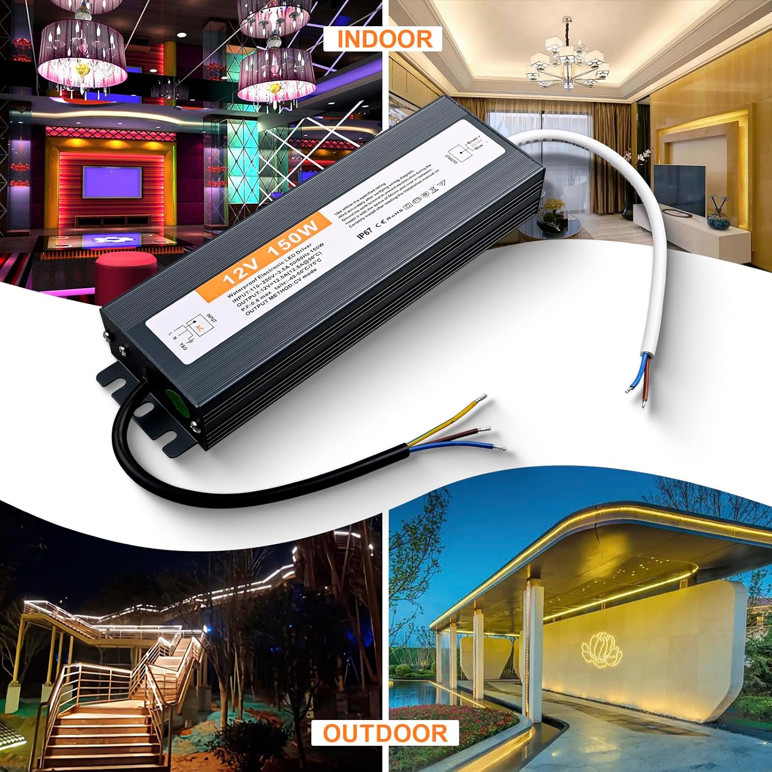 Waterproof IP67 LED Power Supply Low Voltage Transformer Adapter 12V 150W LED Driver Lighting Transformer Converter for LED Strip, LED Display and Outdoor Lighting