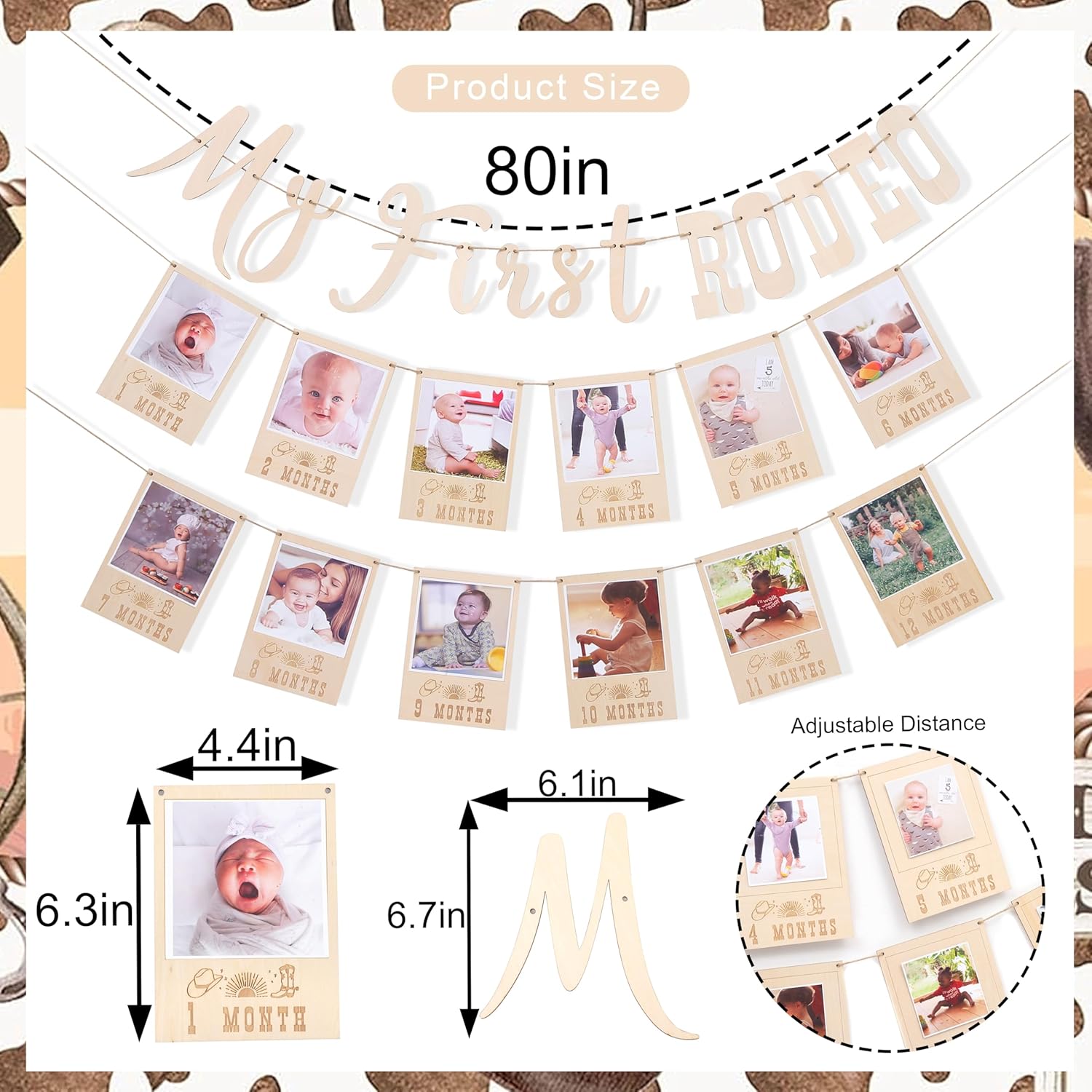 My First Rodeo Banner-Wooden Rodeo Theme Party Decoration,Monthly Photo Banner First Birthday Garland,12 Month Photo Banner,Milestone banner For Cowboy Party