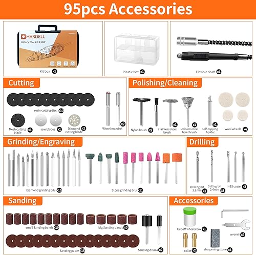 Miniatura 7 de HARDELL Kit de herramientas rotativas, herramienta rotativa de 130 W con 96 accesorios, eje flexible, 6 velocidades variables para proyectos de