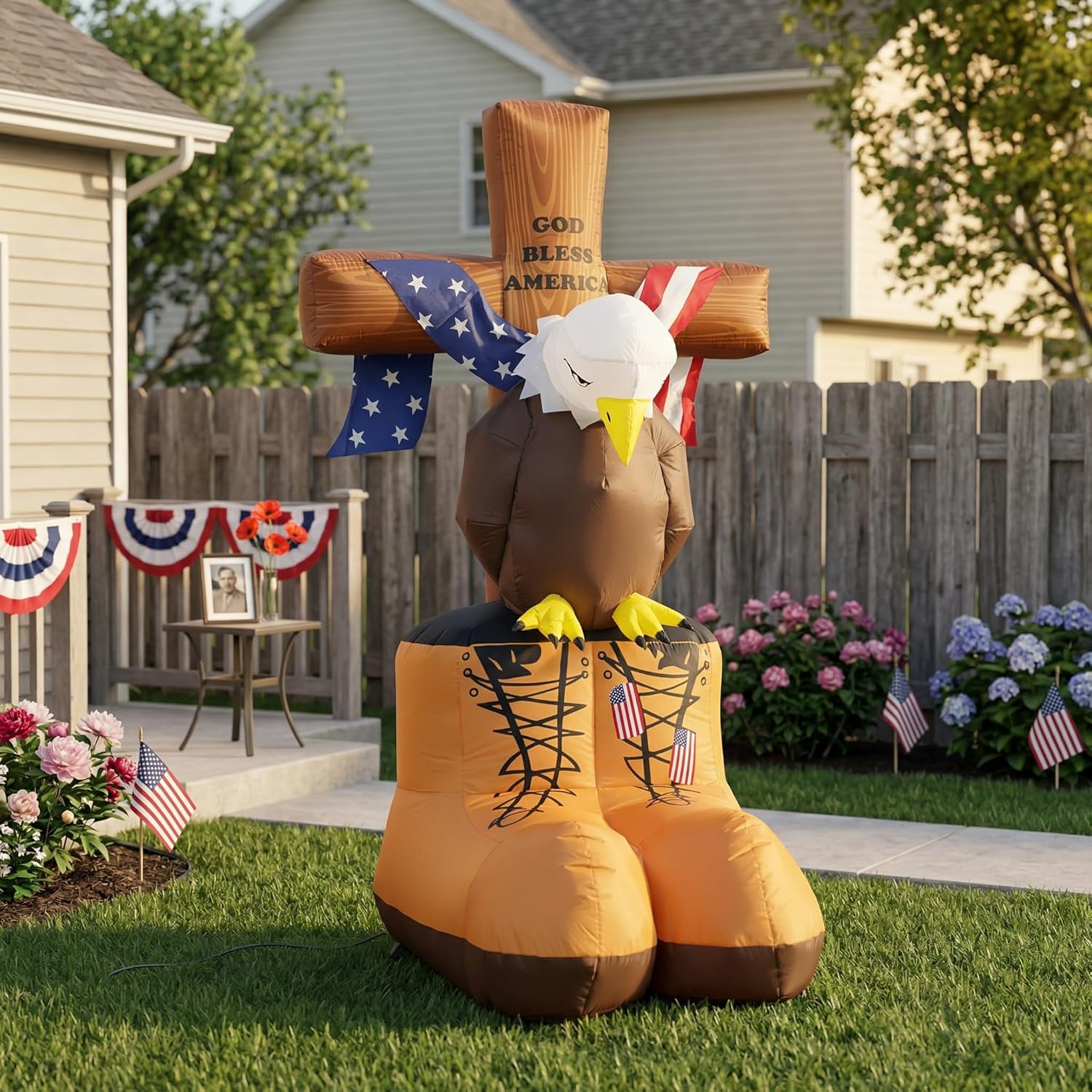6FT Memorial Day Inflatables Eagle with Boots and Flag Cross Patriotic Blow Up Decorations LED Lighted Outdoor Memorial Day Decor for 4th of American Patriotic Independence Day Decor