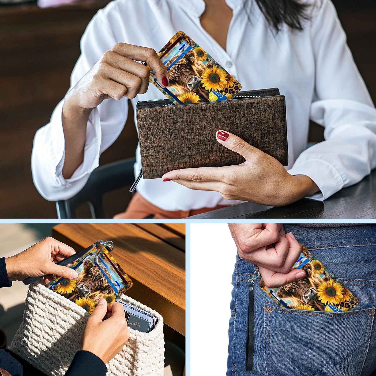 Slim Front Pocket Wallet for Women, RFID Blocking Credit Card Holder Wallet with Detachable Wrist strap, Thin Card Case ID Window Small Card Holder for Unisex, Sunflower Highland Cow - Image 5