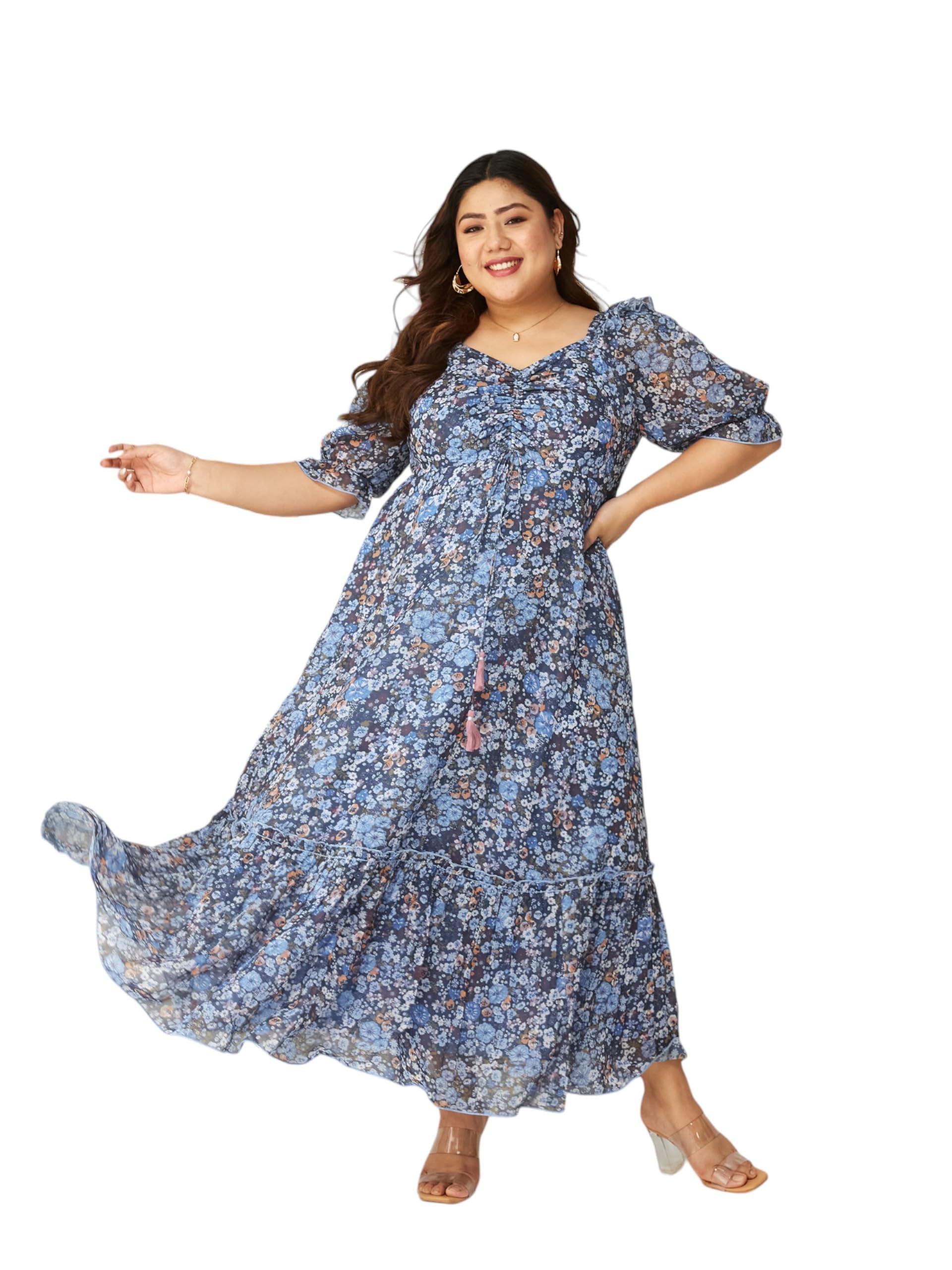 miss chase a+ Women's Sweetheart Neck Puffed Sleeve Floral Georgette Maxi Dress-picture-22