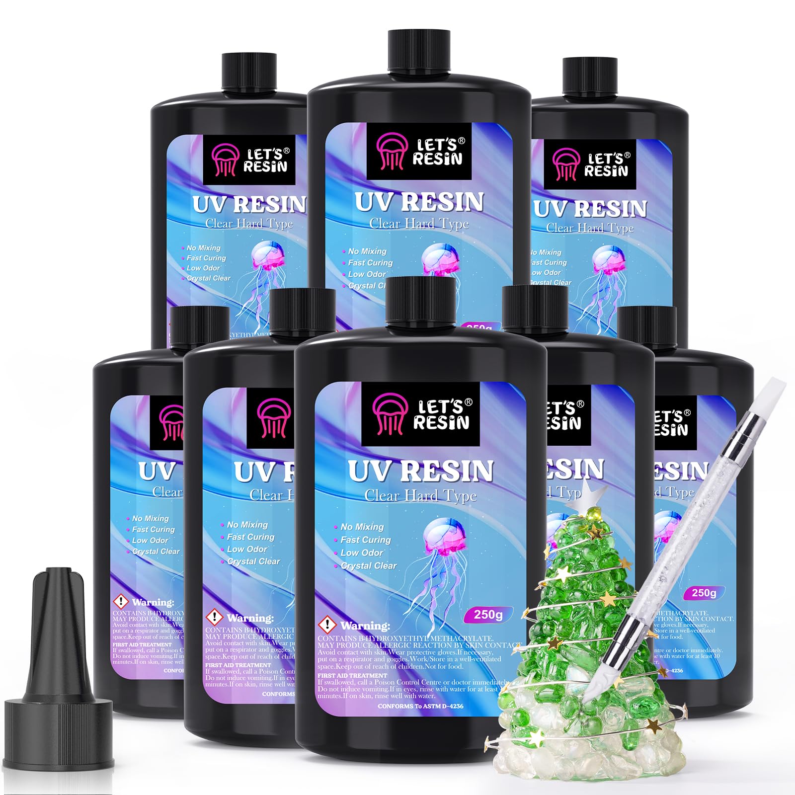 LET'S RESIN UV Resin, 2,000g 250ml 8Pcs Faster Cure Crystal Clear UV Resin Bulk,Low Shrinkage No Tacky UV Epoxy Resin Kit,Transparent High Gloss Resina UV for Jewelry Making,Craft Decor