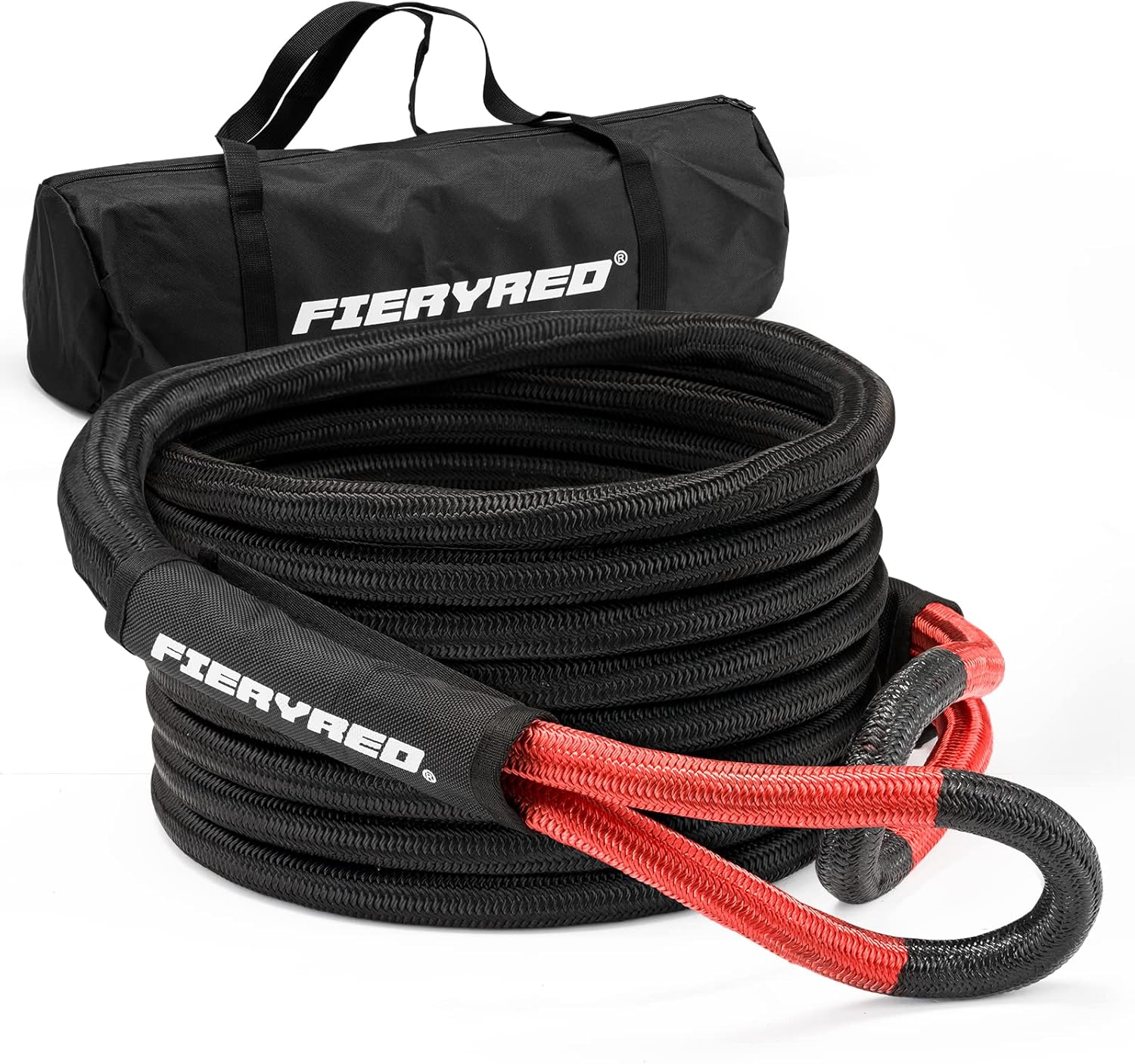 FieryRed Kinetic Energy Recovery Rope 30FT 7/8 Inch- Power Stretch Snatch Strap Vehicle Tow Rope with Reinforced Loops Protective Sleeve Tote Bag for Off-Road 4x4 ATV UTV Pickup