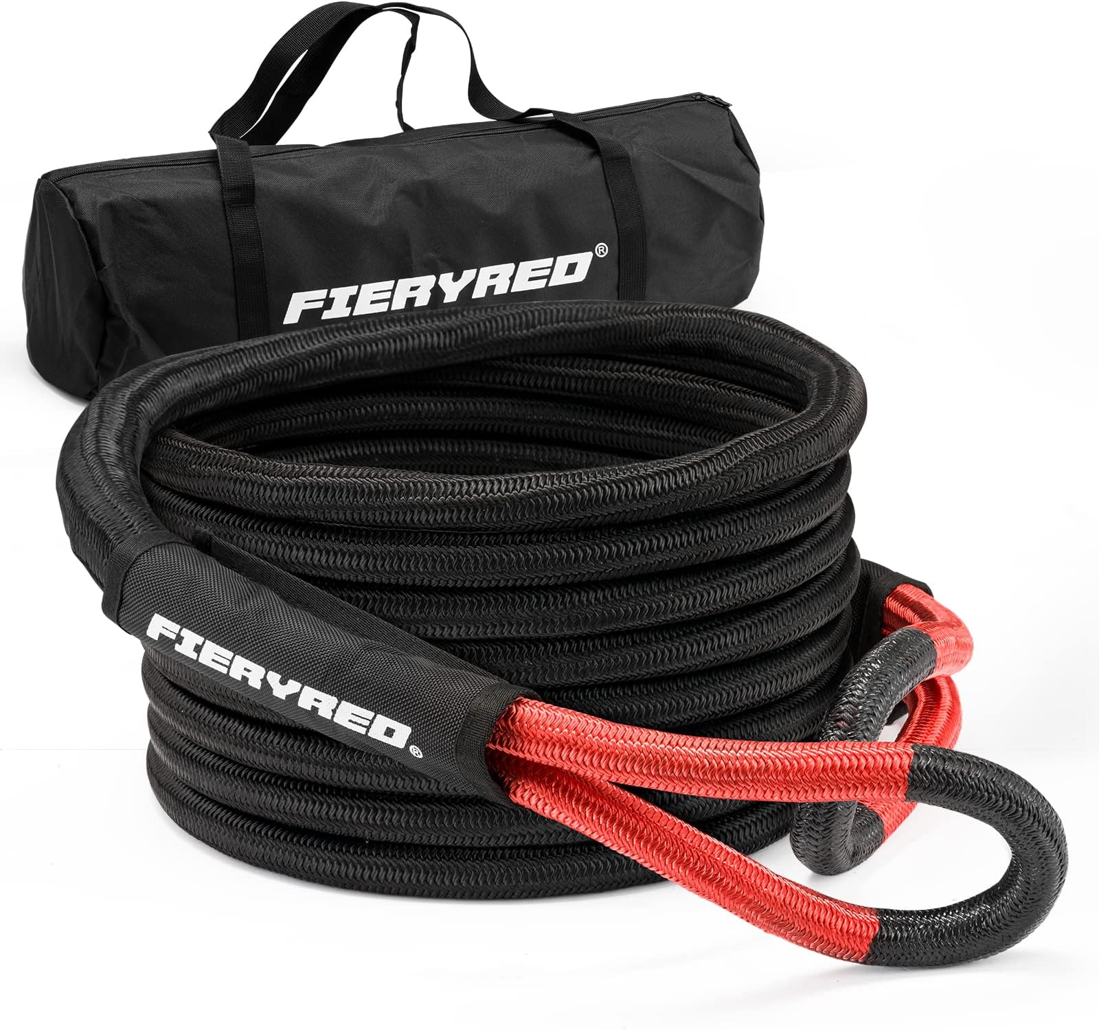 FieryRed Kinetic Energy Recovery Rope 30FT 7/8 Inch- Power Stretch Snatch Strap Vehicle Tow Rope with Reinforced Loops Protective Sleeve Tote Bag for Off-Road 4x4 ATV UTV Pickup