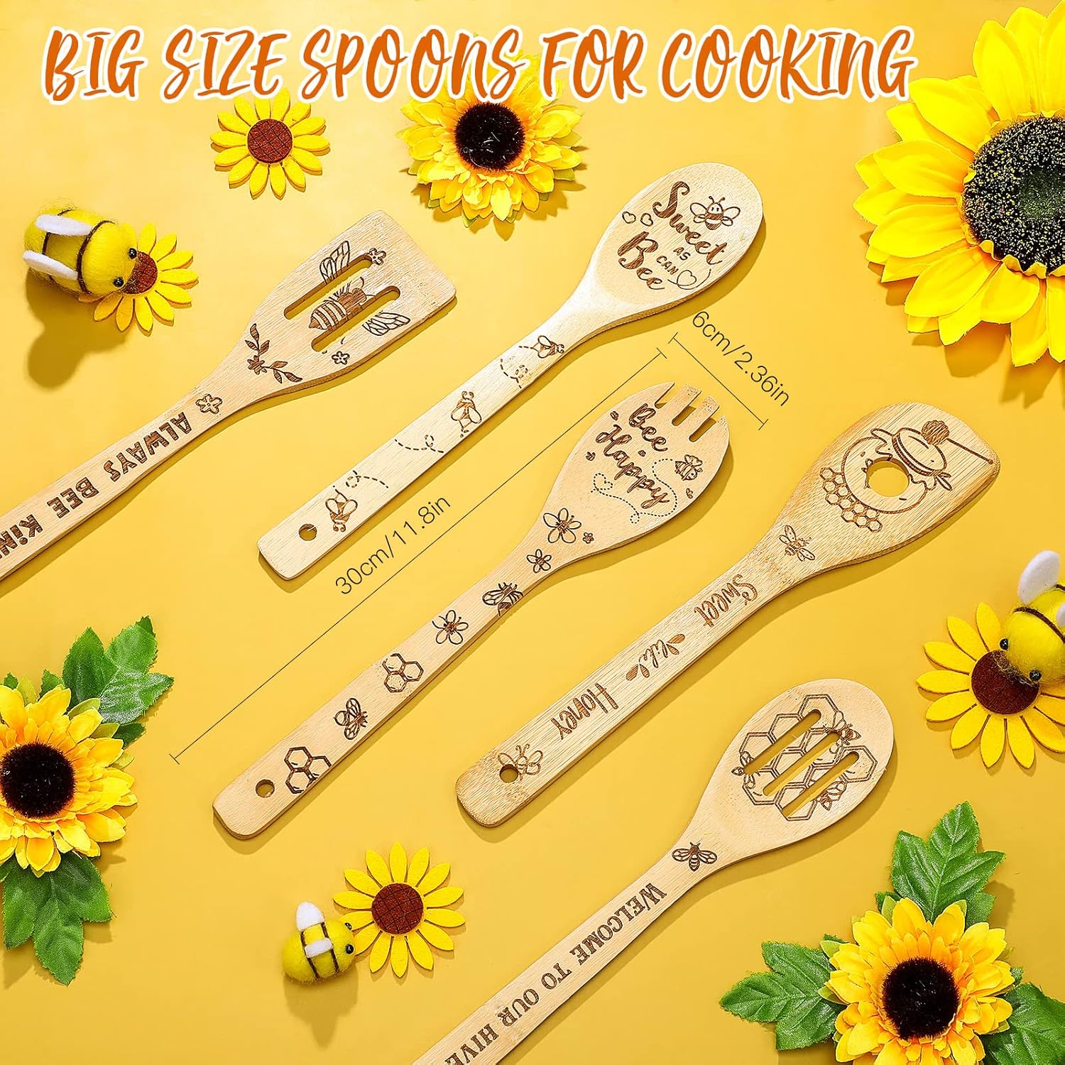 Minatee 7 Pcs Chicken Themed Gifts Set, Including 2 Pcs Kitchen Towels and 5 Wooden Spoons Rustic Bamboo Utensils Funny Gifts for Women Christmas Party Housewarming Anniversary(Bee) - Image 3