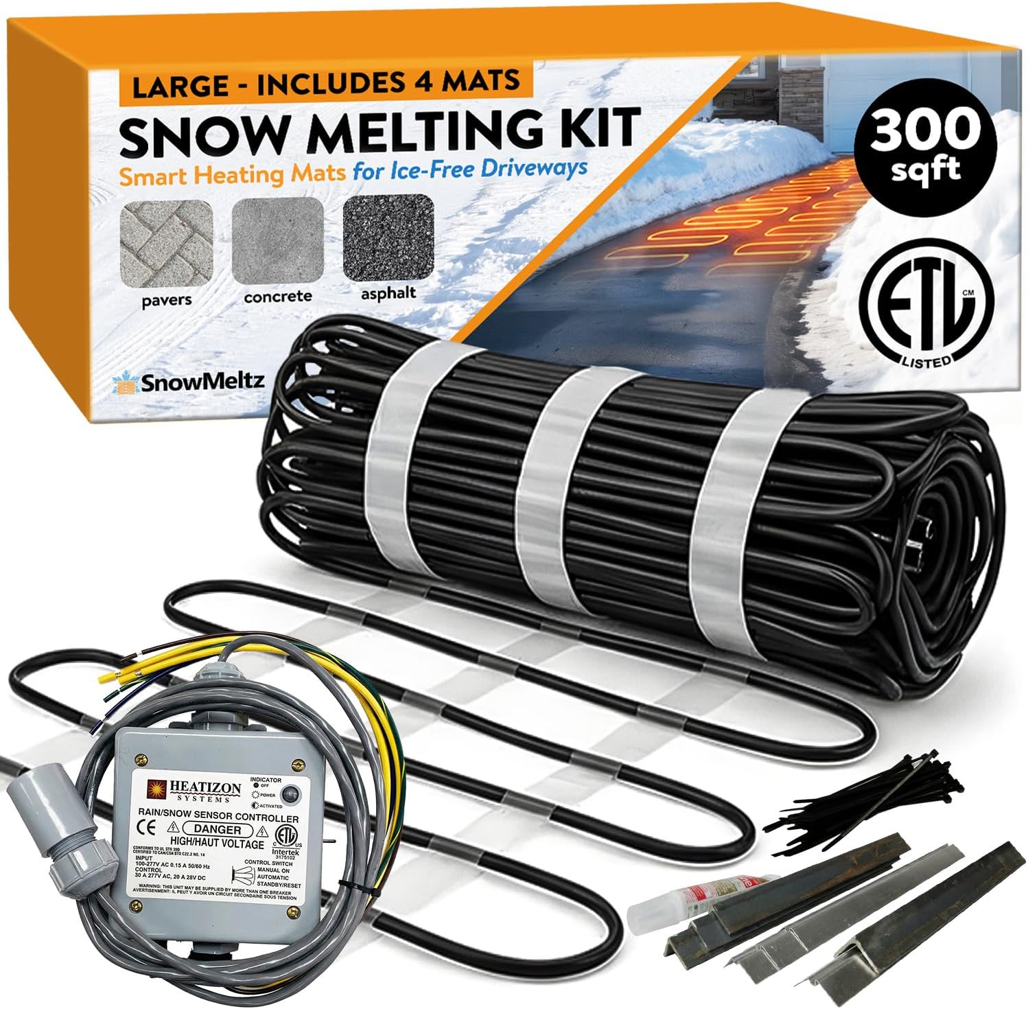 Large Area Heated Driveway System - 300 Sqft, 2x30 Amps, 240V, 37 Watts per Sqft Heated Snow Melting Mats Outdoor Driveway Heater for Snow Melting Mats Walkway, Auto Moisture & Temperature Activator
