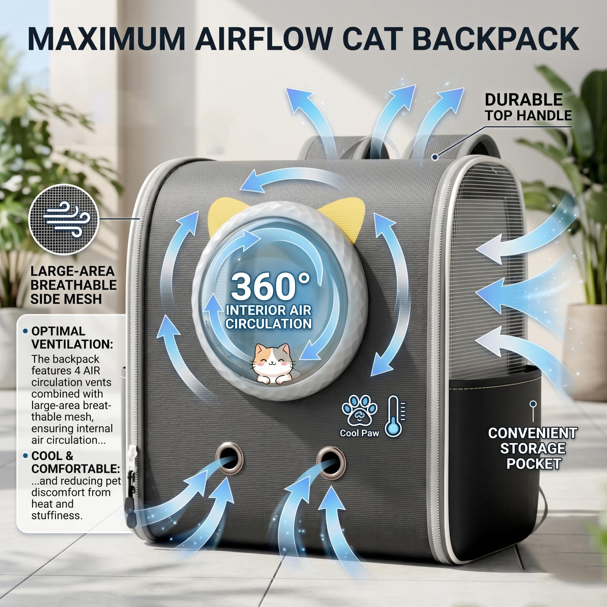 Zaino a bolle per gatti, traspirante, trasportino per animali domestici, con cinghie ergonomiche, nero, piccolo (fino a 6 kg).