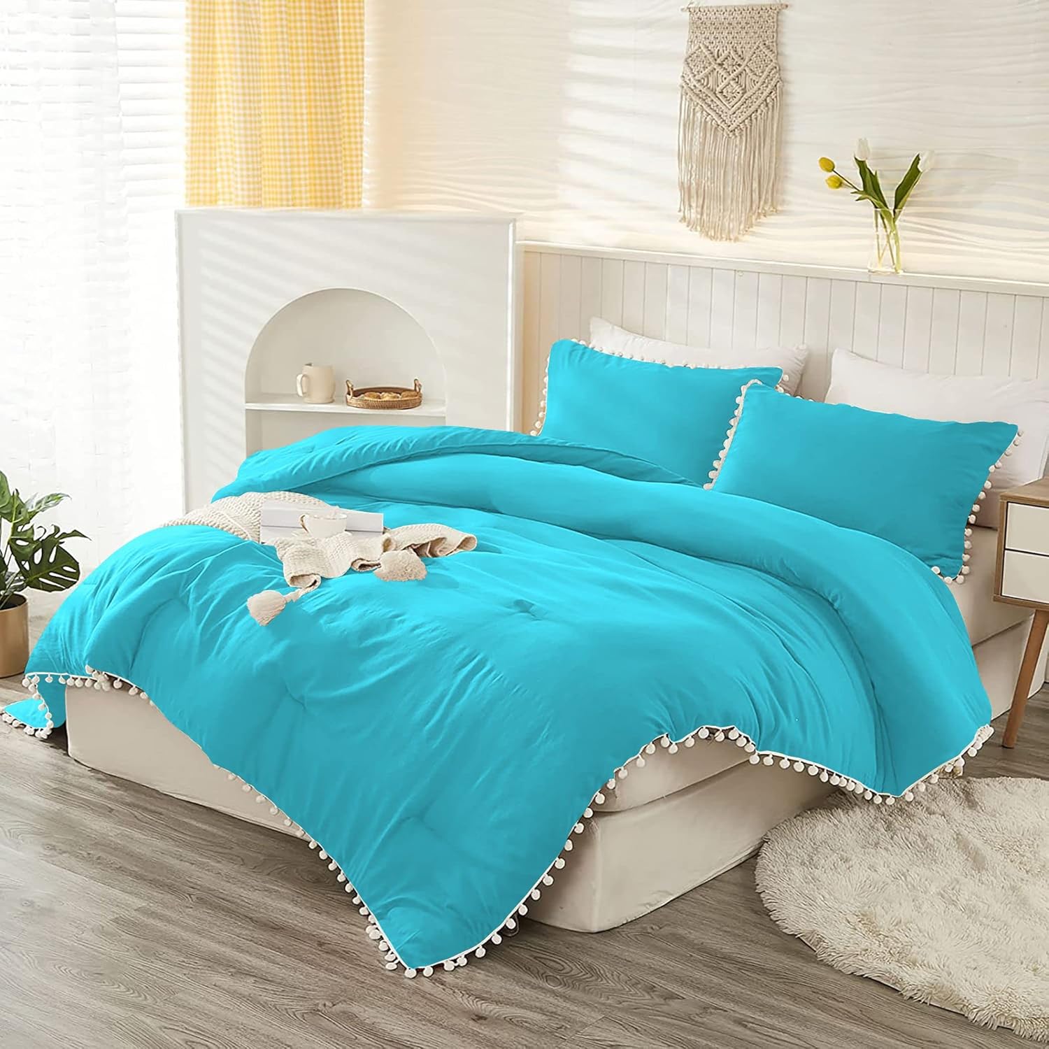 Tony's Textiles 3 Piece White Vintage Pom-Pom Fringe Plain Pattern Comforter Set, 100% Egyptian Cotton with 1000 Thread Count (Super King Size - Turquoise Blue Color)