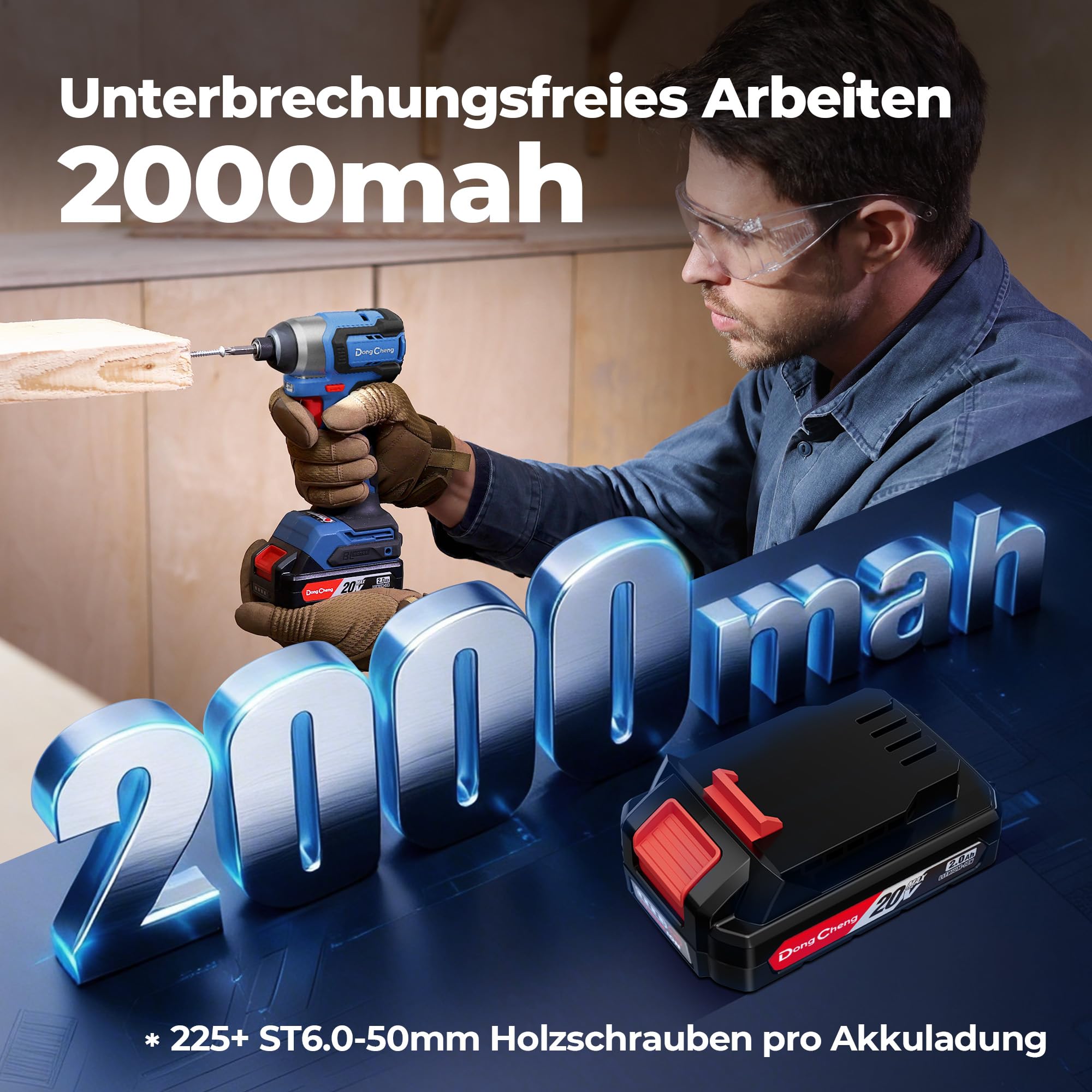 Dong Cheng Brushless Akku-Schlagschrauber 20V, 165Nm, Softstart & Selbstschneidmodus, 3-Gang, LED, inkl. 2.0 Ah Akku & Ladegerät, Bit-Set + Stecknuss-Set，ideal für Holz, Metall, Heimwerker