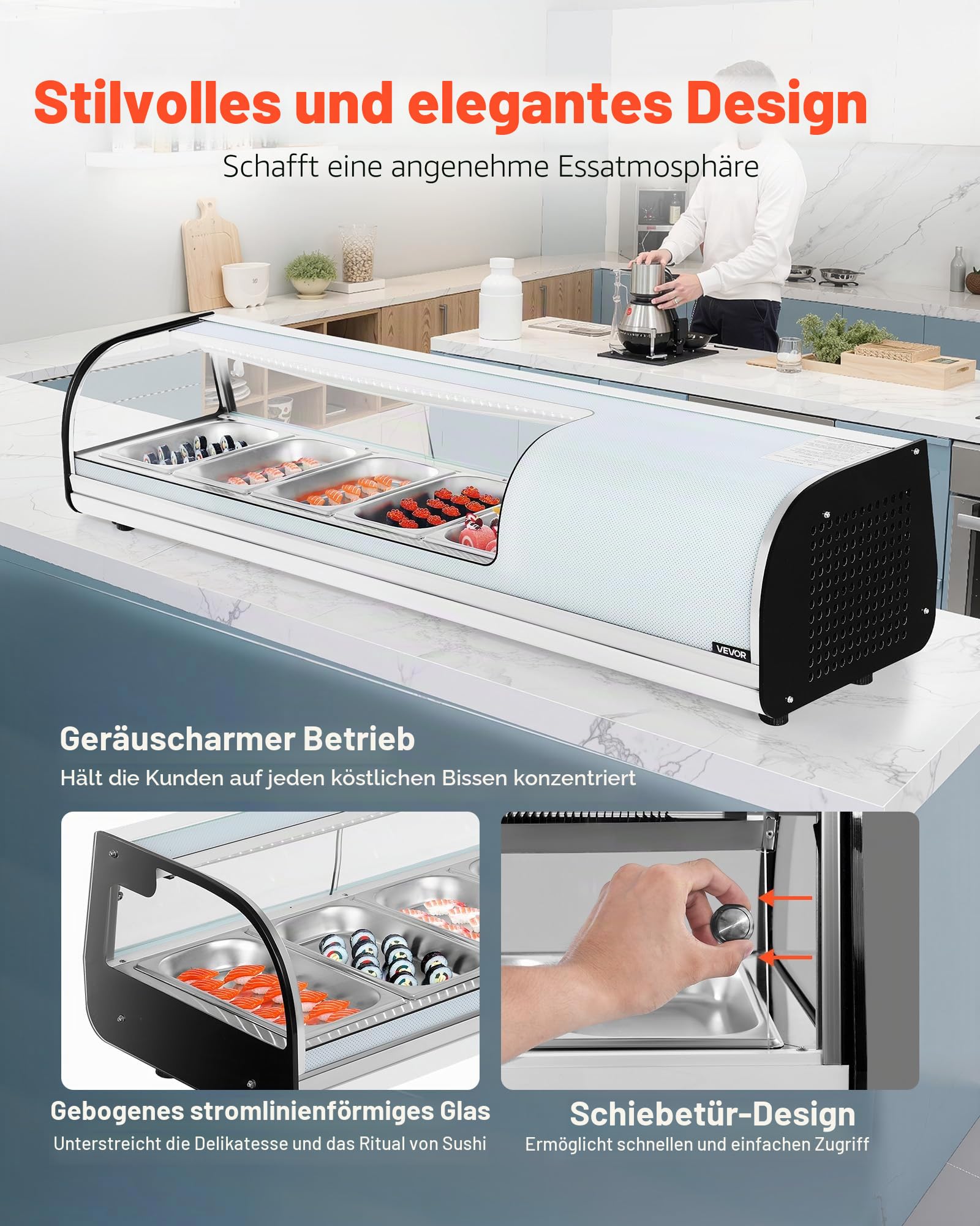 VEVOR Sushi Kühlvitrine 52 L kommerzielle Vitrine Kühlaufsatzvitrine (5 Pfannen) mit gebogenem Glas & LED-Beleuchtung & digitaler Temperaturregelung, Kühlschrank für Theke Restaurant Geschäft