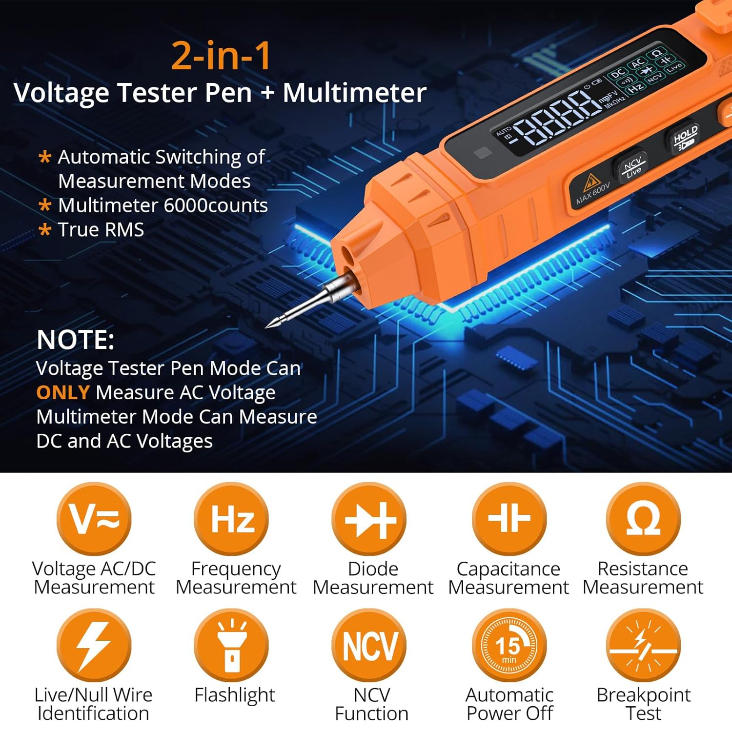 Neoteck 2-in-1 Pen Type Digital Multimeter highlighting its features